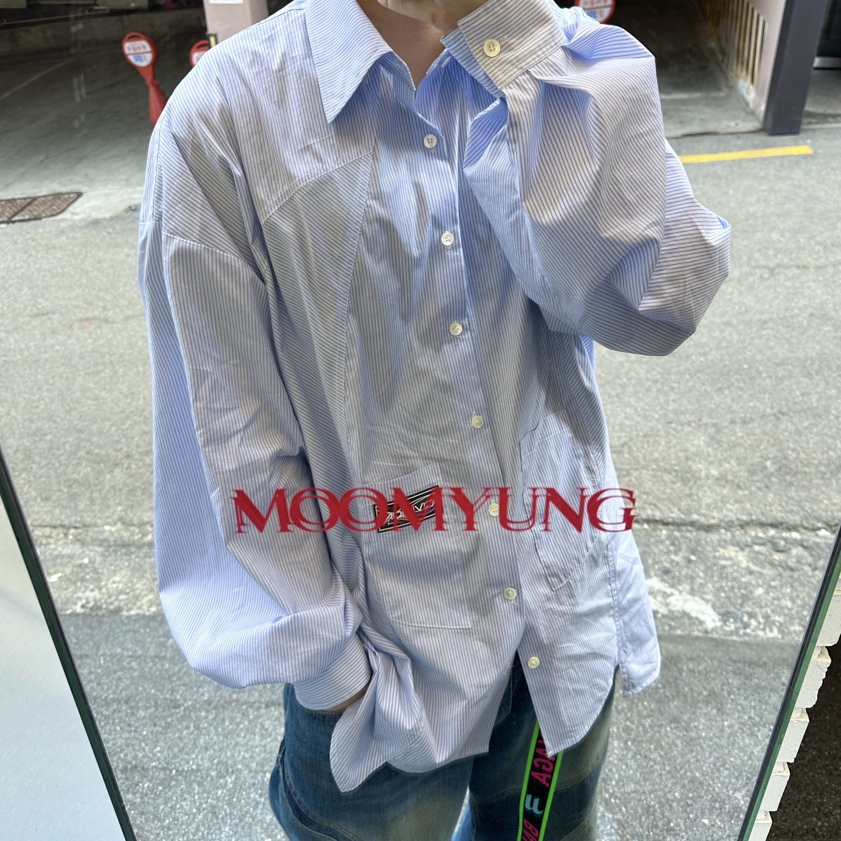 Civision by CSC Remake Striped Poplin Shirts Blue, Civision by CSC Vision Distressed Denim Pants Blue 착용 스타일 - 1