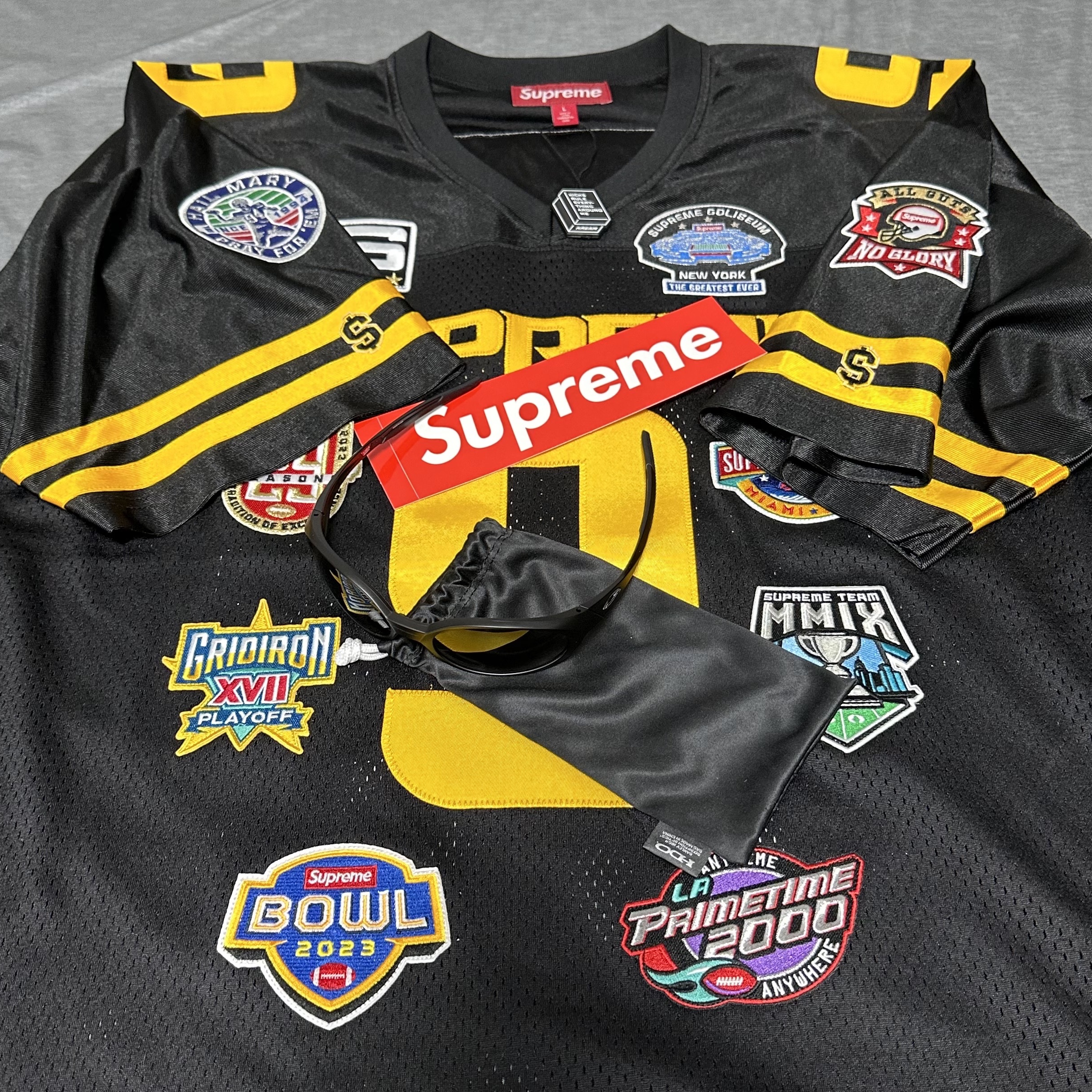 Supreme Championships Embroidered Football Jersey Black - 23FW, Oakley Eye Jacket Redux Matte Black Frame Prizm Grey Lenses High Bridge Fit 착용 스타일