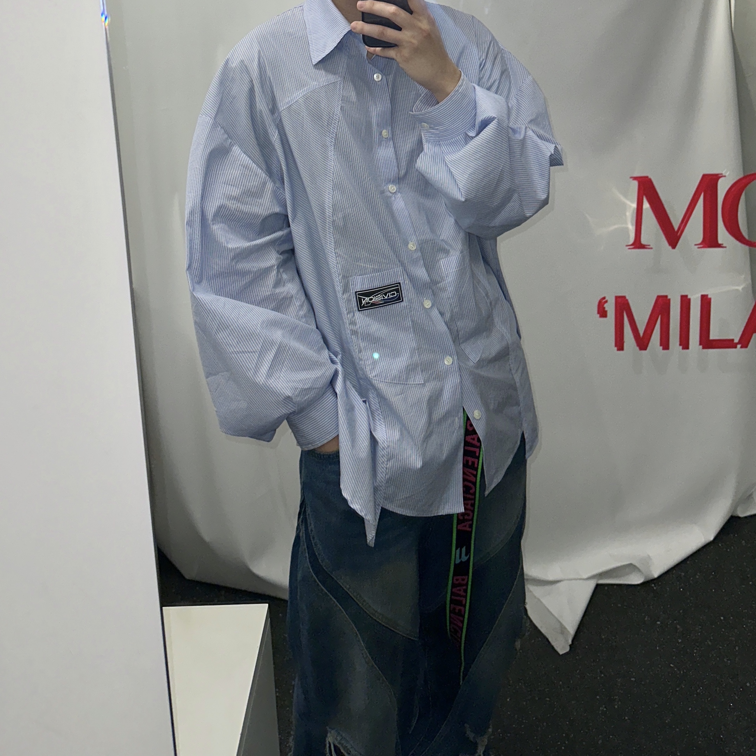 Civision by CSC Remake Striped Poplin Shirts Blue, Civision by CSC Vision Distressed Denim Pants Blue 착용 스타일 - 2