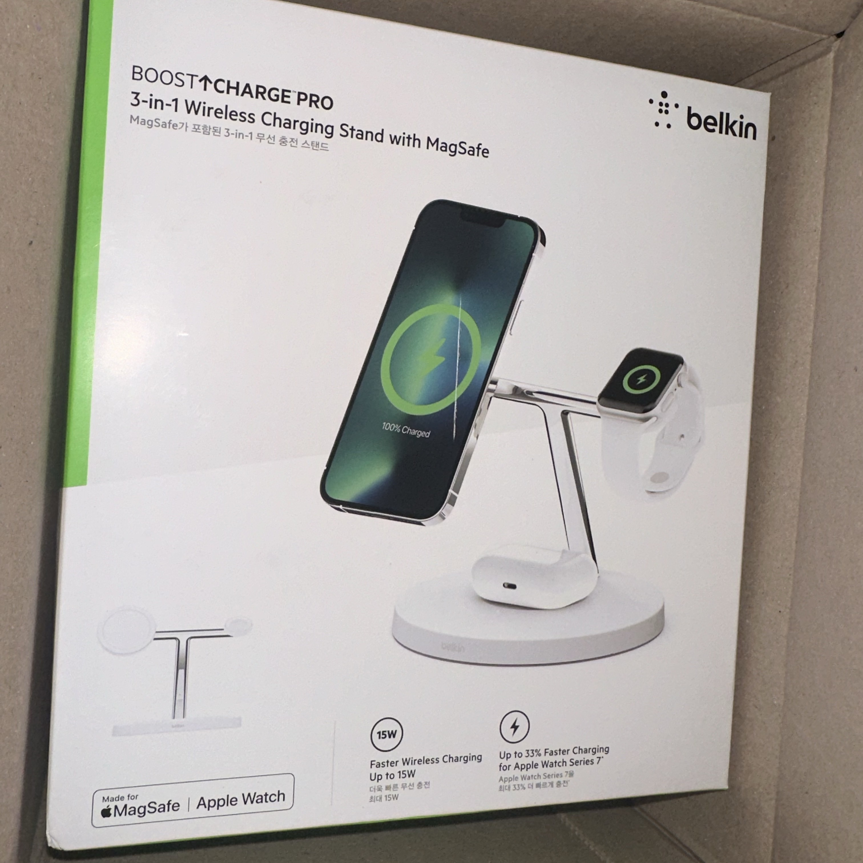 Belkin 3-in-1 MagSafe 15W Wireless Charging Stand WIZ017kr White 착용 스타일