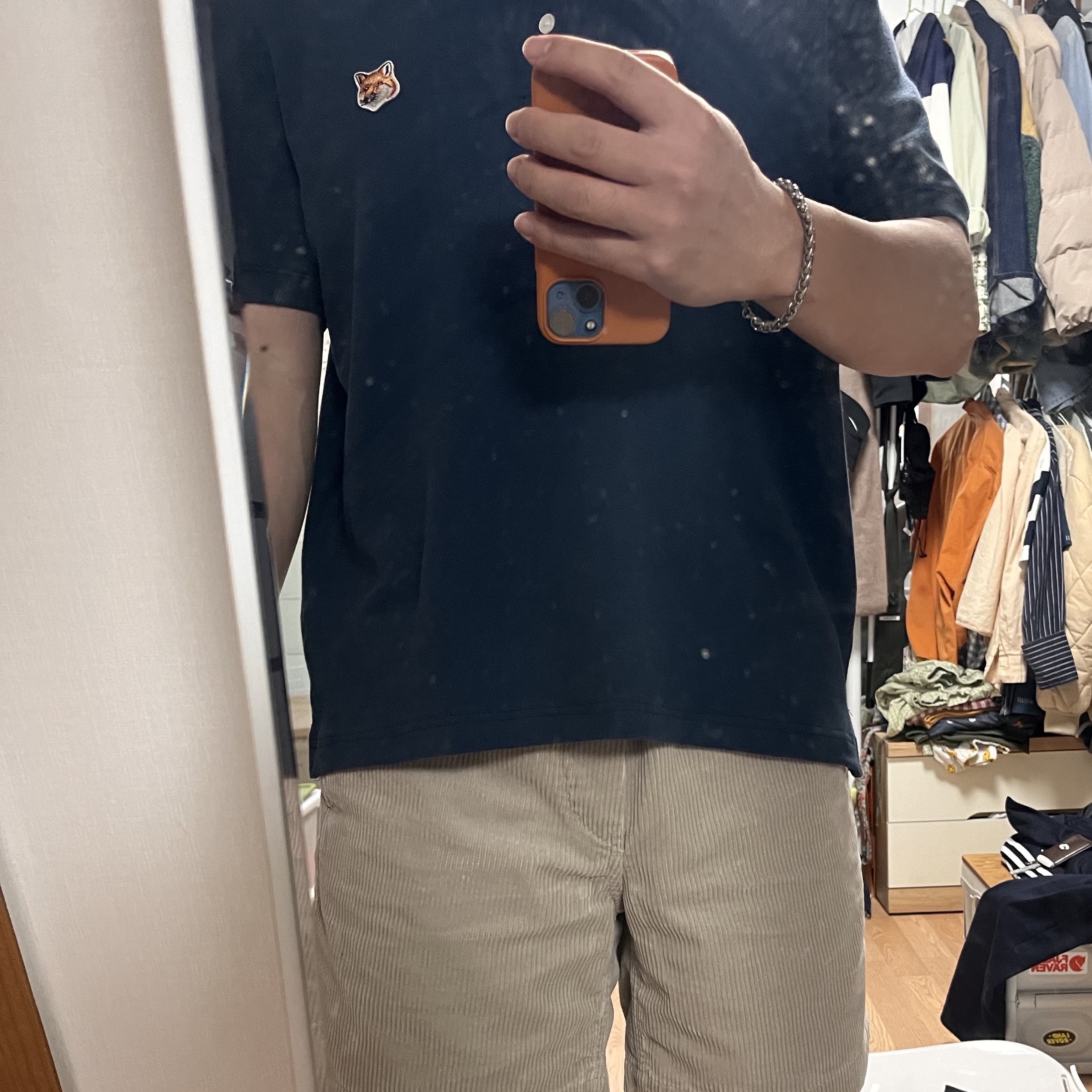 Maison Kitsune Fox Head Patch Polo Ink Blue 착용 스타일
