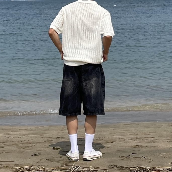 Converse Chuck 70 Ox Parchment, Millo Archive Denim Bermuda Pants Washed Black 착용 스타일 - 2