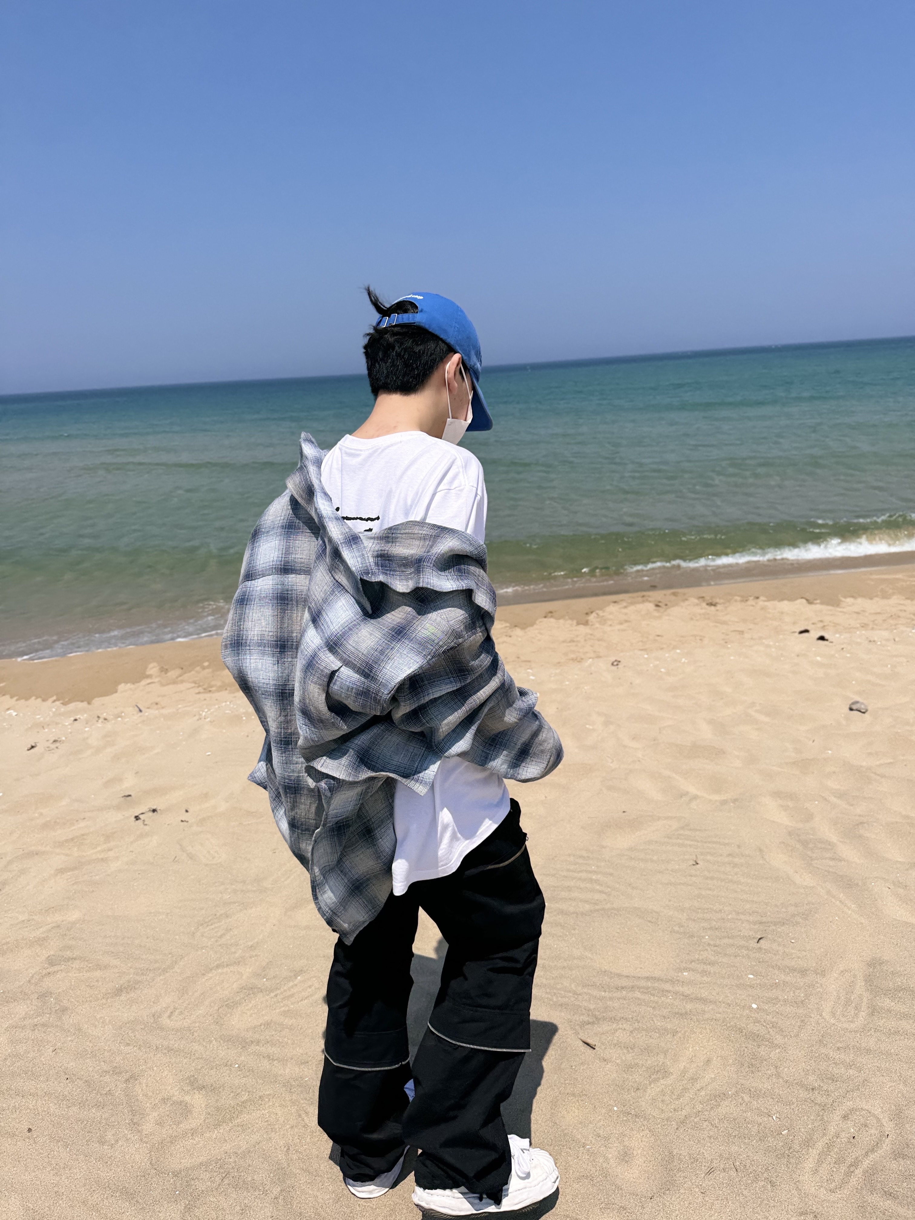 Nonnod Flexible String Check Shirt Japanese Linen Blue, Farfromwhat Far Round Cargo Pants Black 착용 스타일 - 1