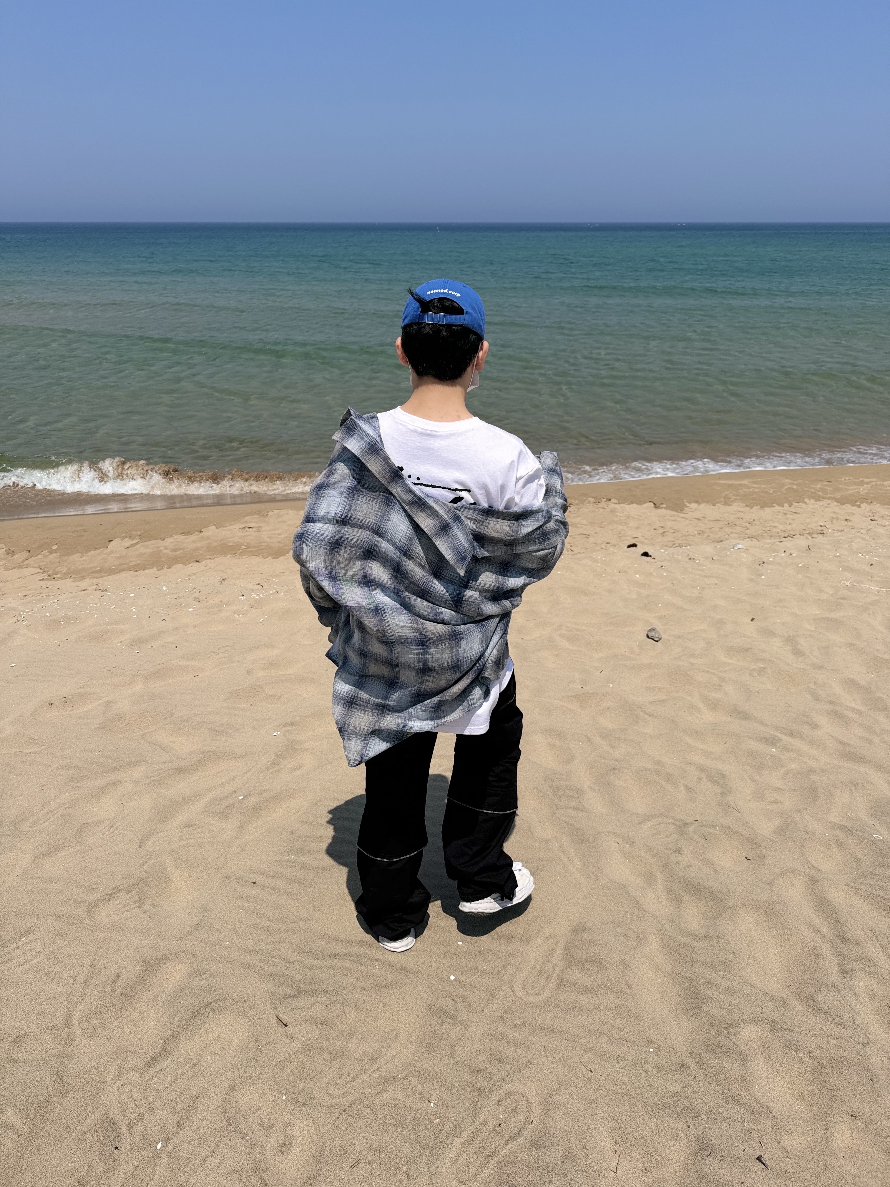 Nonnod Flexible String Check Shirt Japanese Linen Blue, Farfromwhat Far Round Cargo Pants Black 착용 스타일 - 2