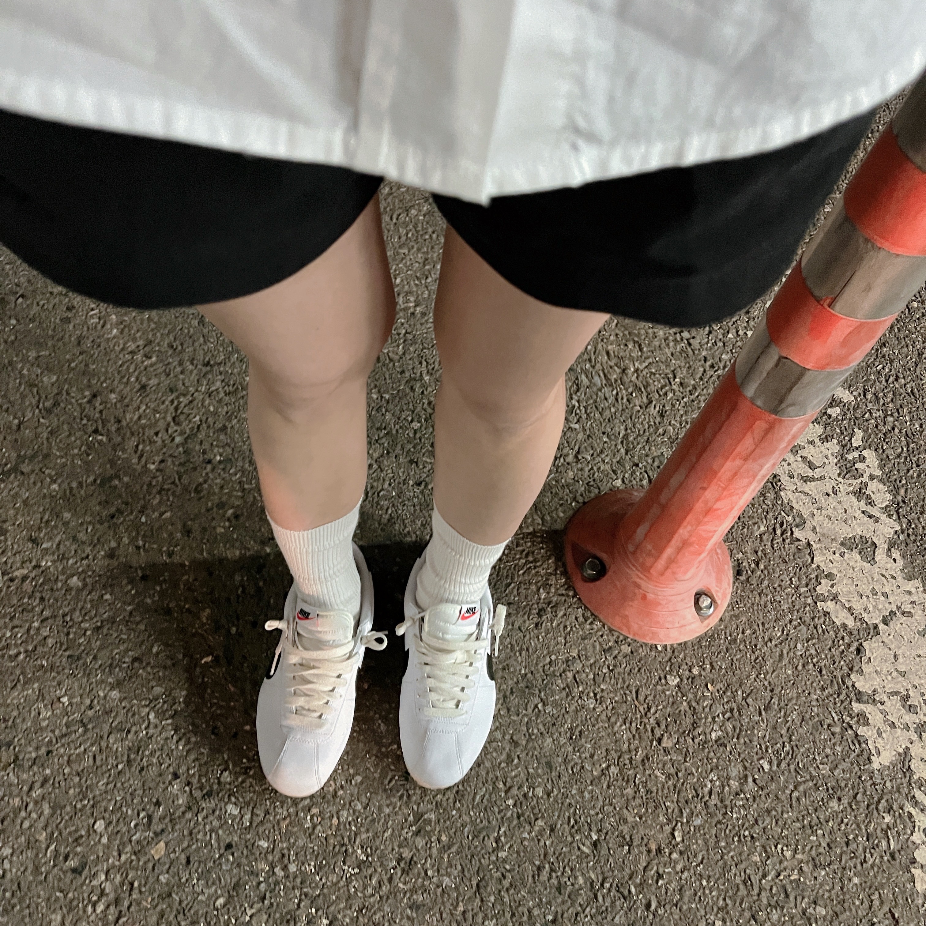 (W) Nike Cortez White and Black, Nike Everyday Lightweight Training Crew Socks White (3 Pack/Korean Ver.) 착용 스타일 - 2