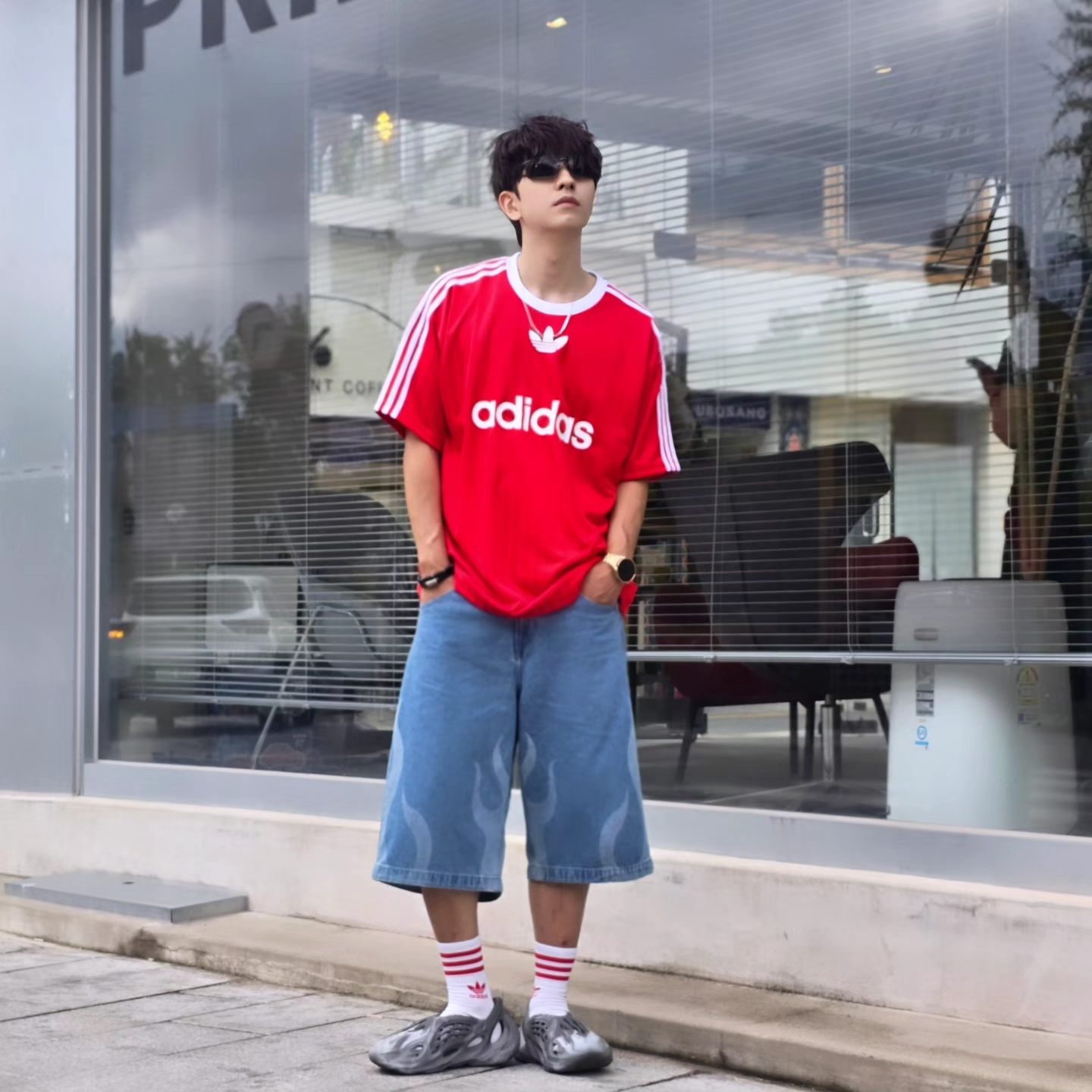 Adidas Adicolor T-Shirt Better Scarlet White - KR Sizing, Adidas Adicolor T-Shirt Better Scarlet White - US Sizing 착용 스타일 - 8