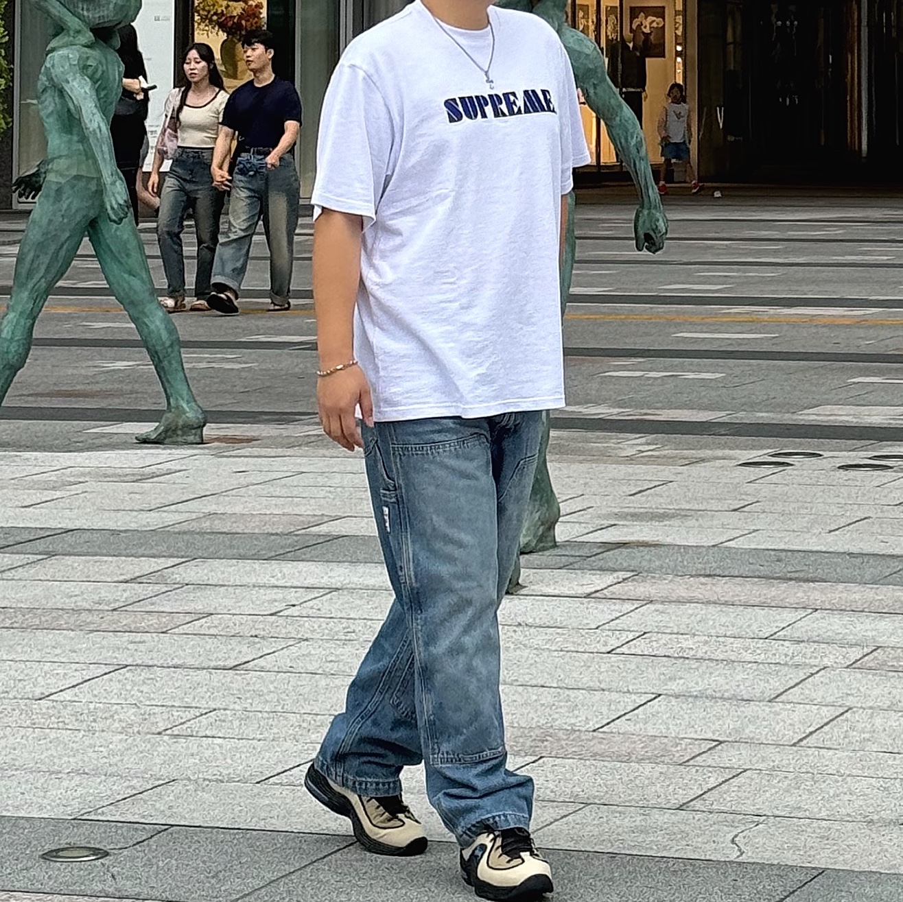 Nike x Stussy Air Penny II Rattan and Limestone, Supreme Stencil Embroidered S/S Top White - 24SS 착용 스타일