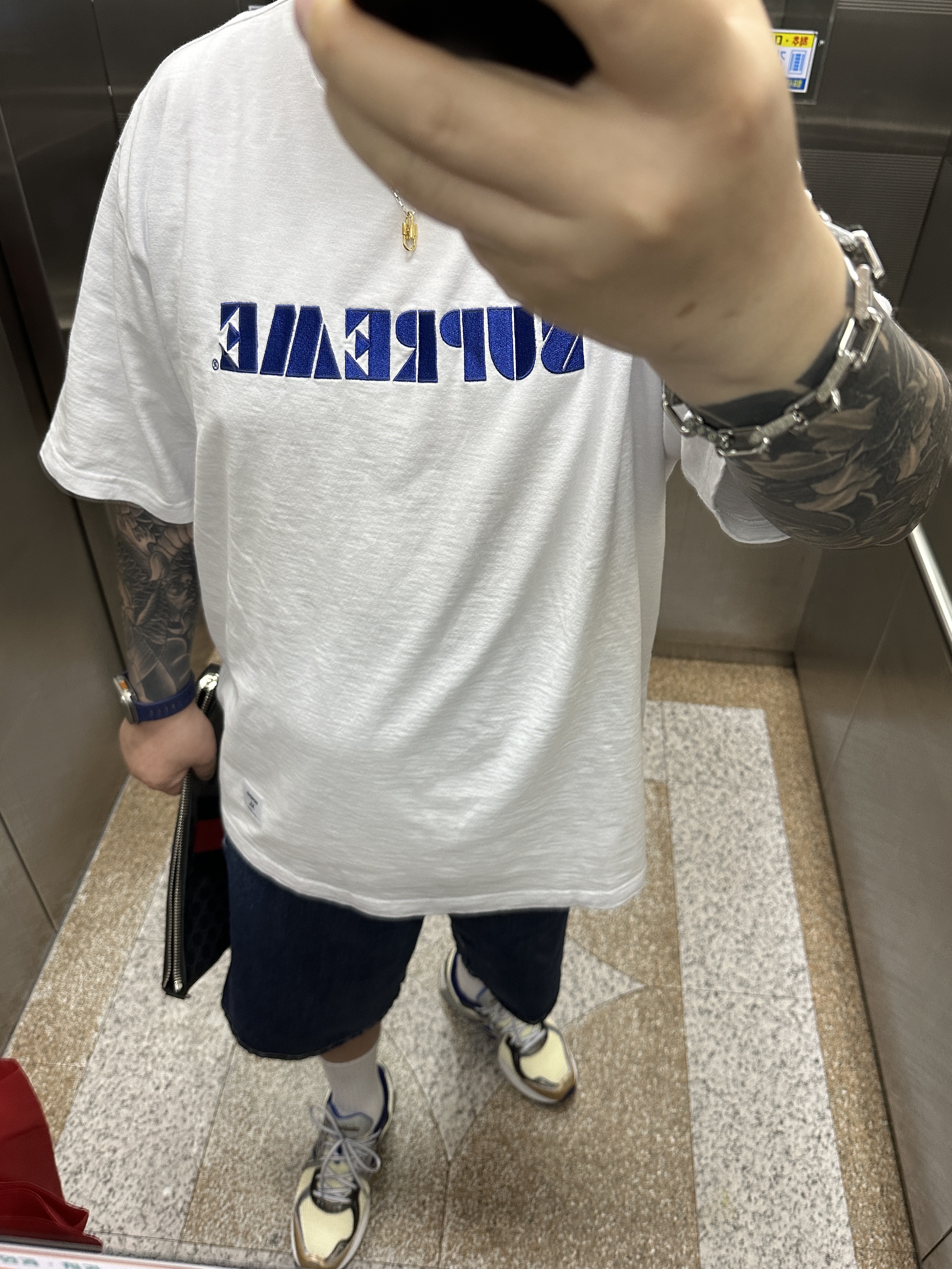 Supreme Stencil Embroidered S/S Top White - 24SS, Supreme x Nike Denim Short Indigo - 24SS 착용 스타일