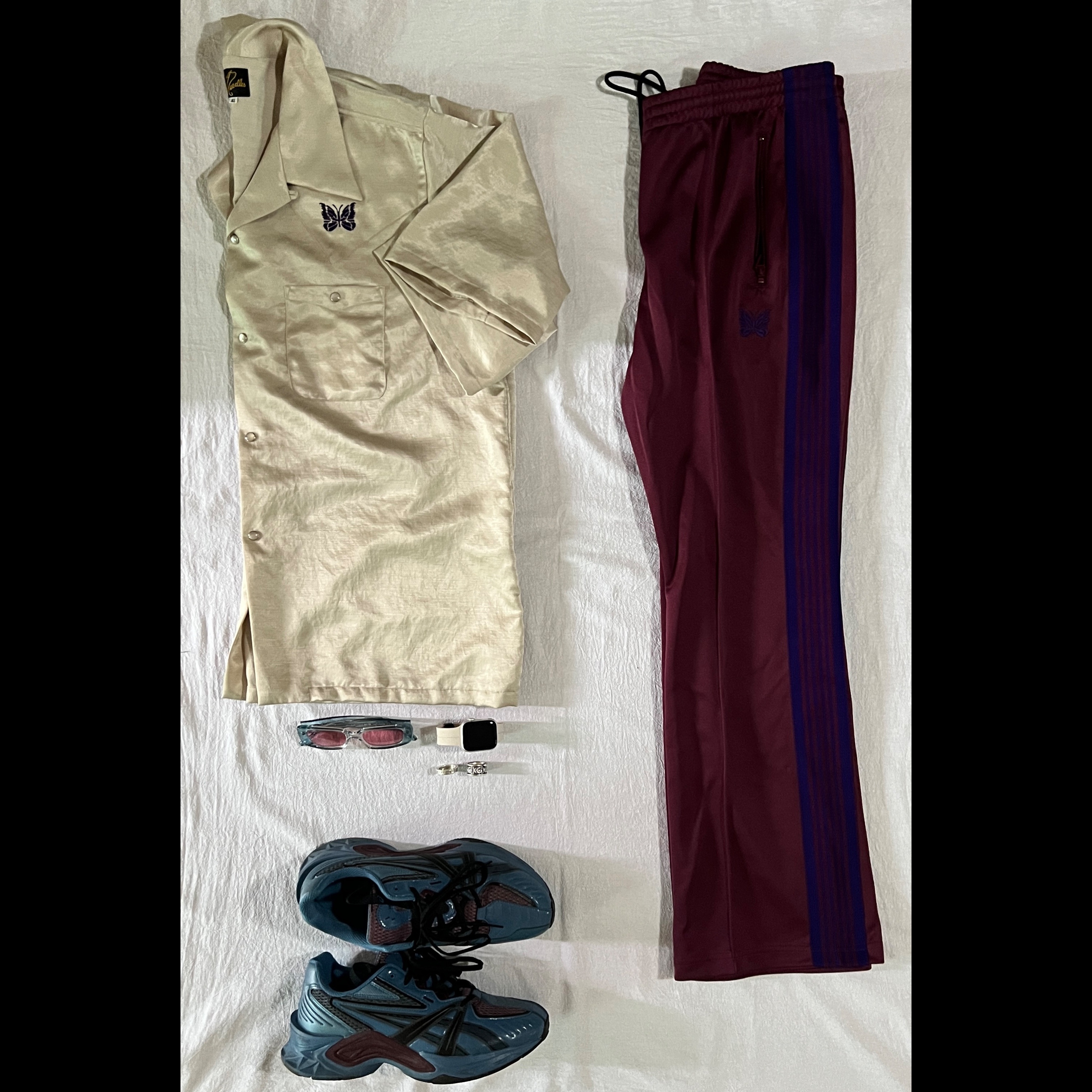 Asics HN2-S Protoblast Azure, Needles S/S Cowboy One-Up Poly Slub Sateen Shirt Gold 착용 스타일
