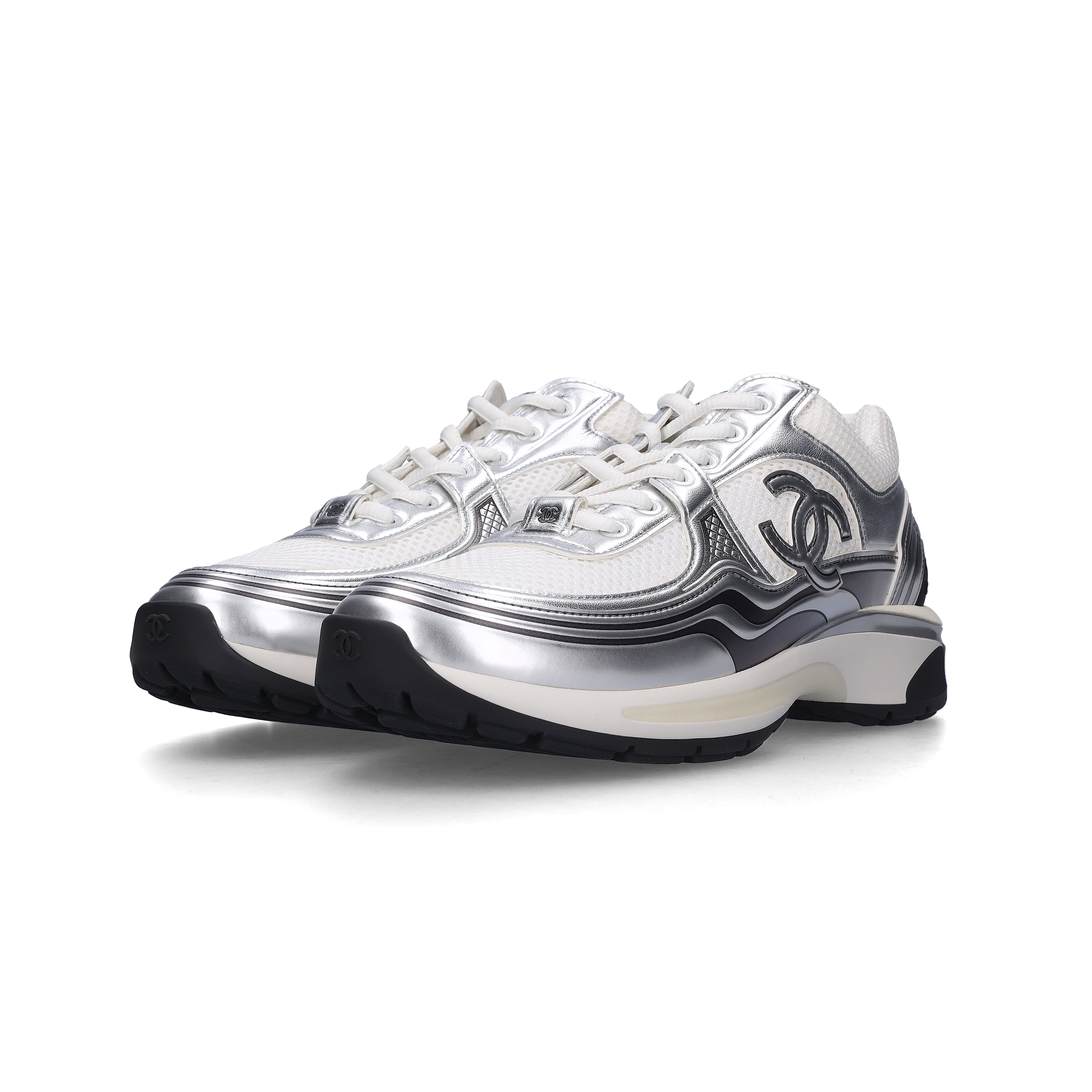 Chanel Sneakers Fabric Laminated & White Silver