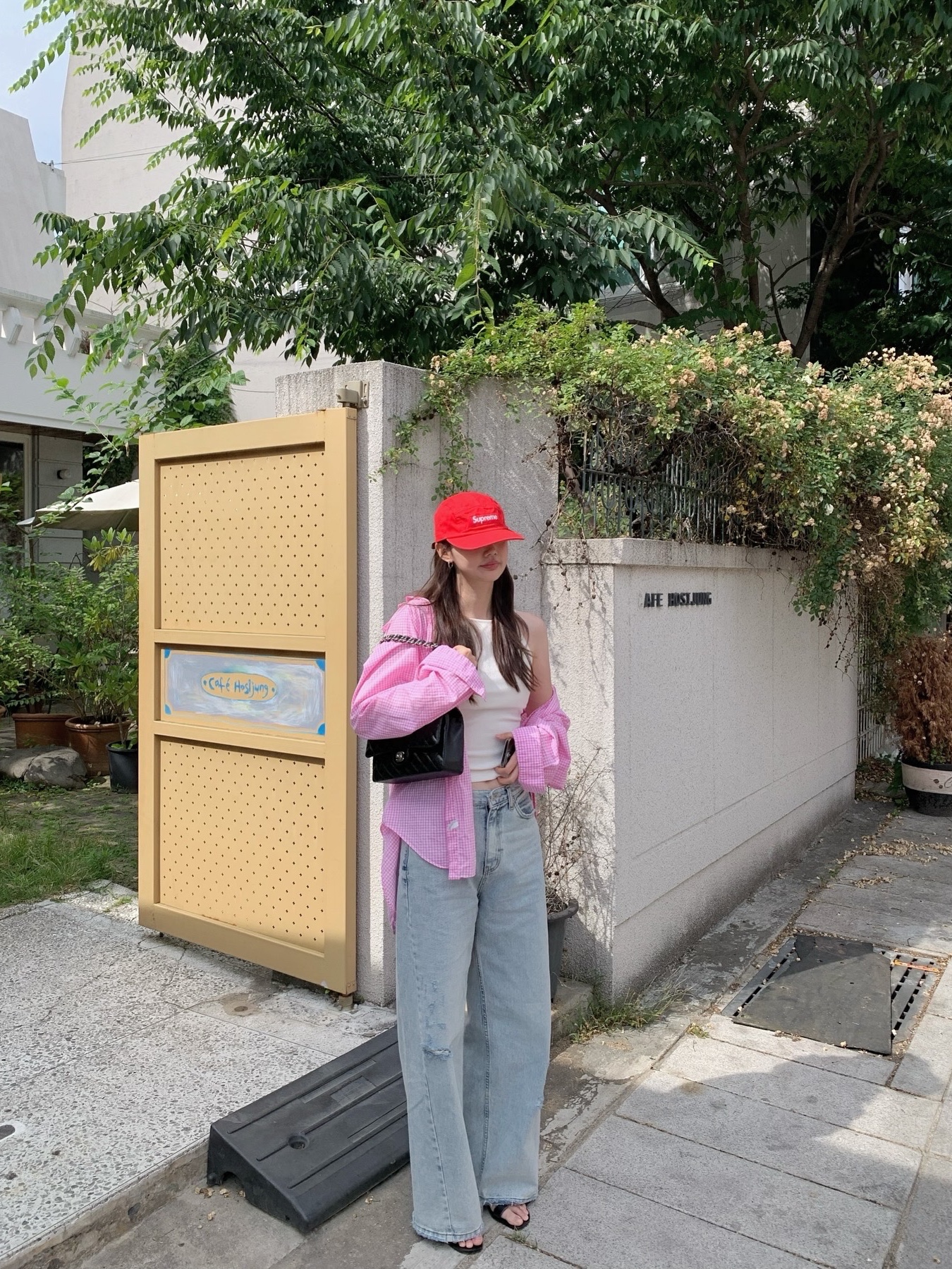 Supreme Washed Chino Twill Camp Cap Red 착용 스타일 - 4