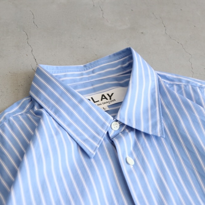 Play Comme des Garcons Striped Short Sleeve Shirt Light Blue 착용 스타일