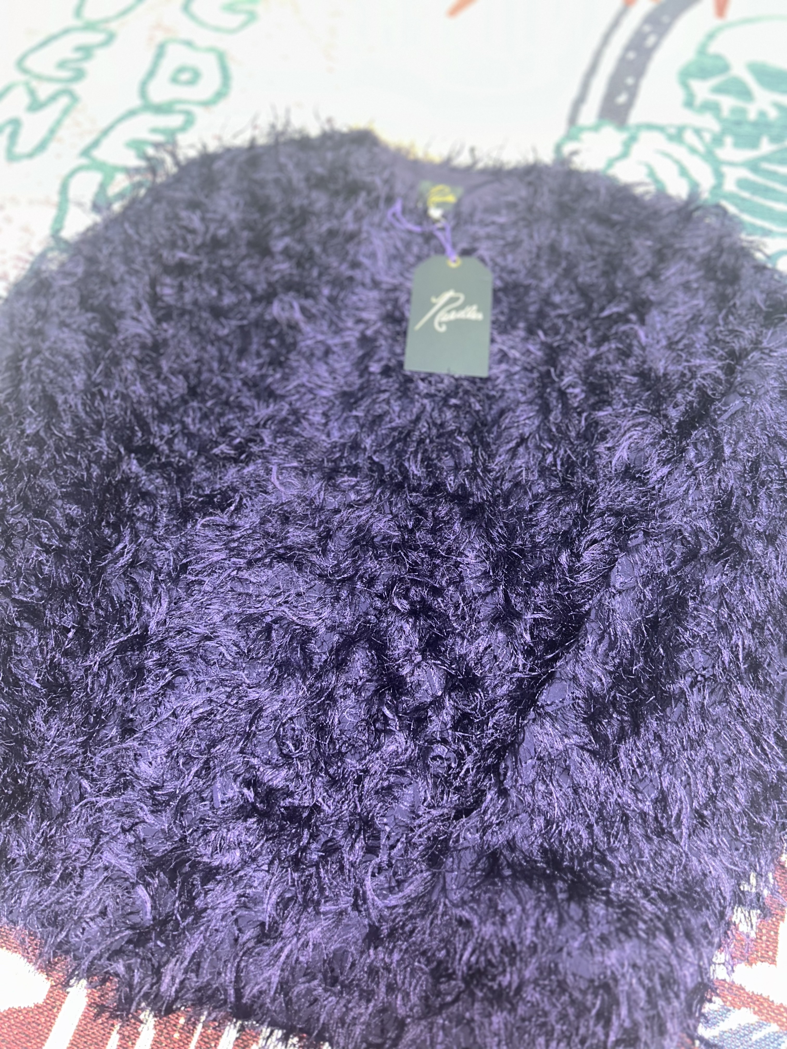 Needles Argyle Fringe Snap Cardigan Purple 착용 스타일 - 3