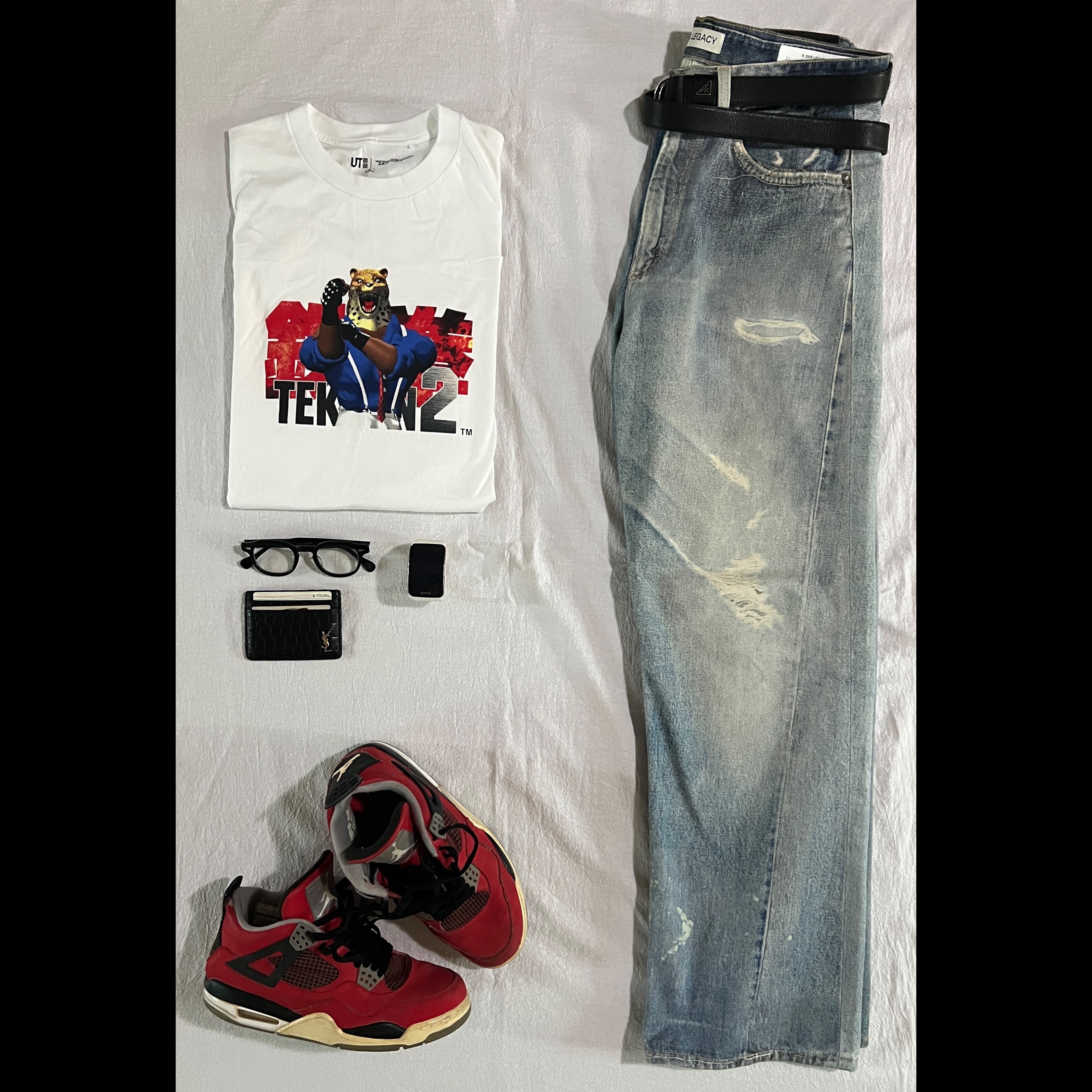 Jordan 4 Retro Toro Bravo, Our Legacy Third Cut Digital Denim Print 착용 스타일