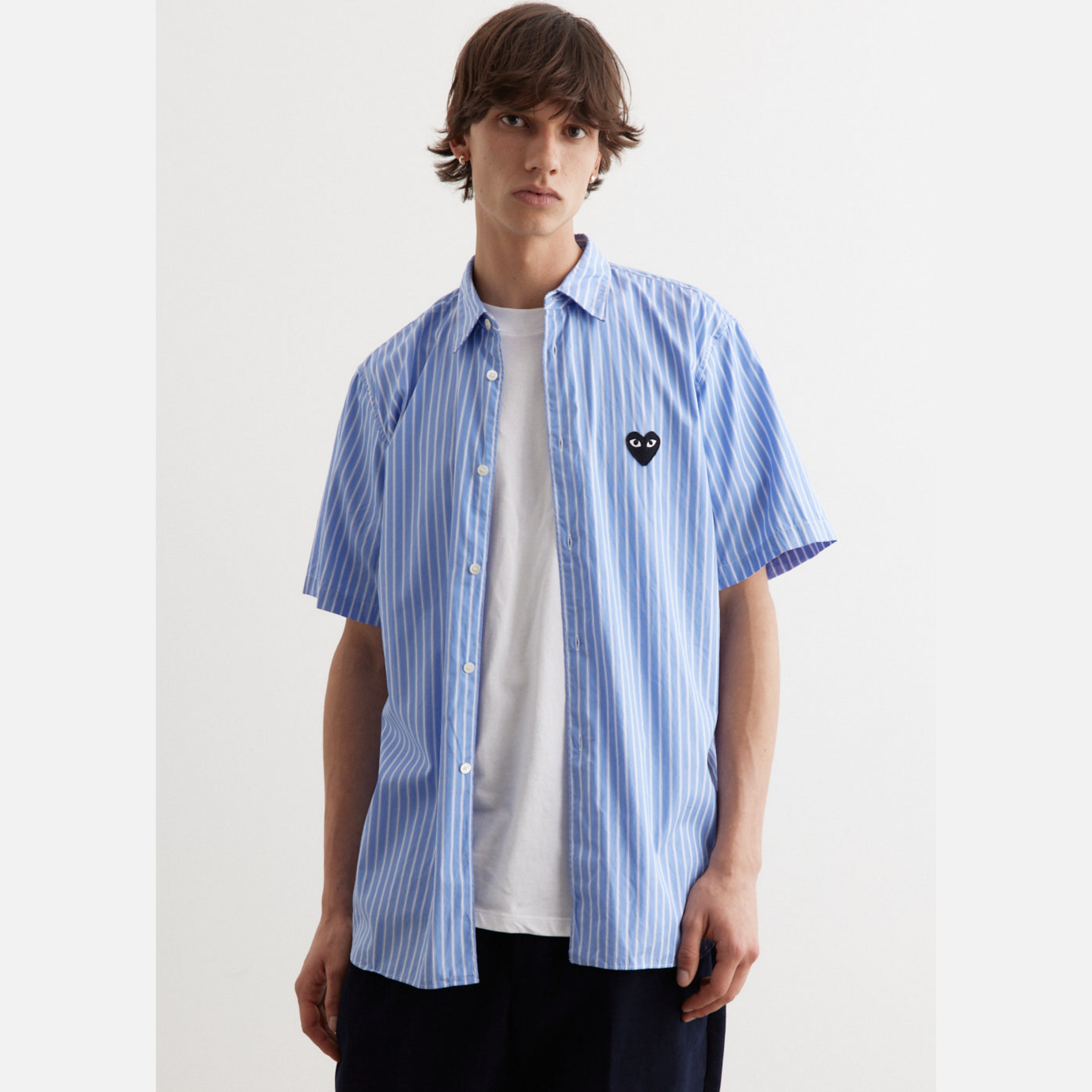 Play Comme des Garcons Striped Short Sleeve Shirt Light Blue 착용 스타일