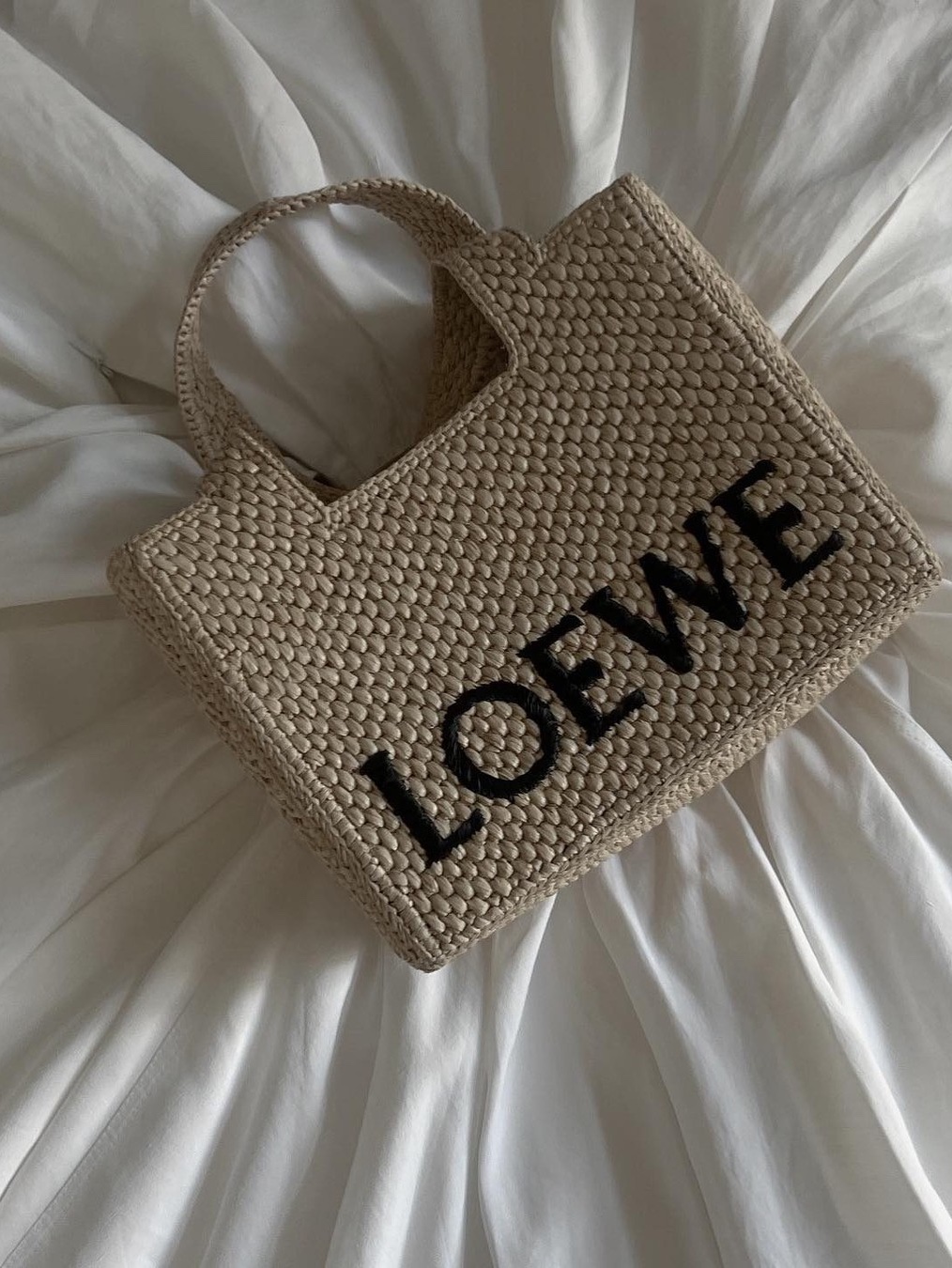 Loewe Basket Bag in Palm Leaf and Calfskin Natural Tan, Loewe Basket Bag In Palm Leaf and Calfskin Natural White 착용 스타일 - 5