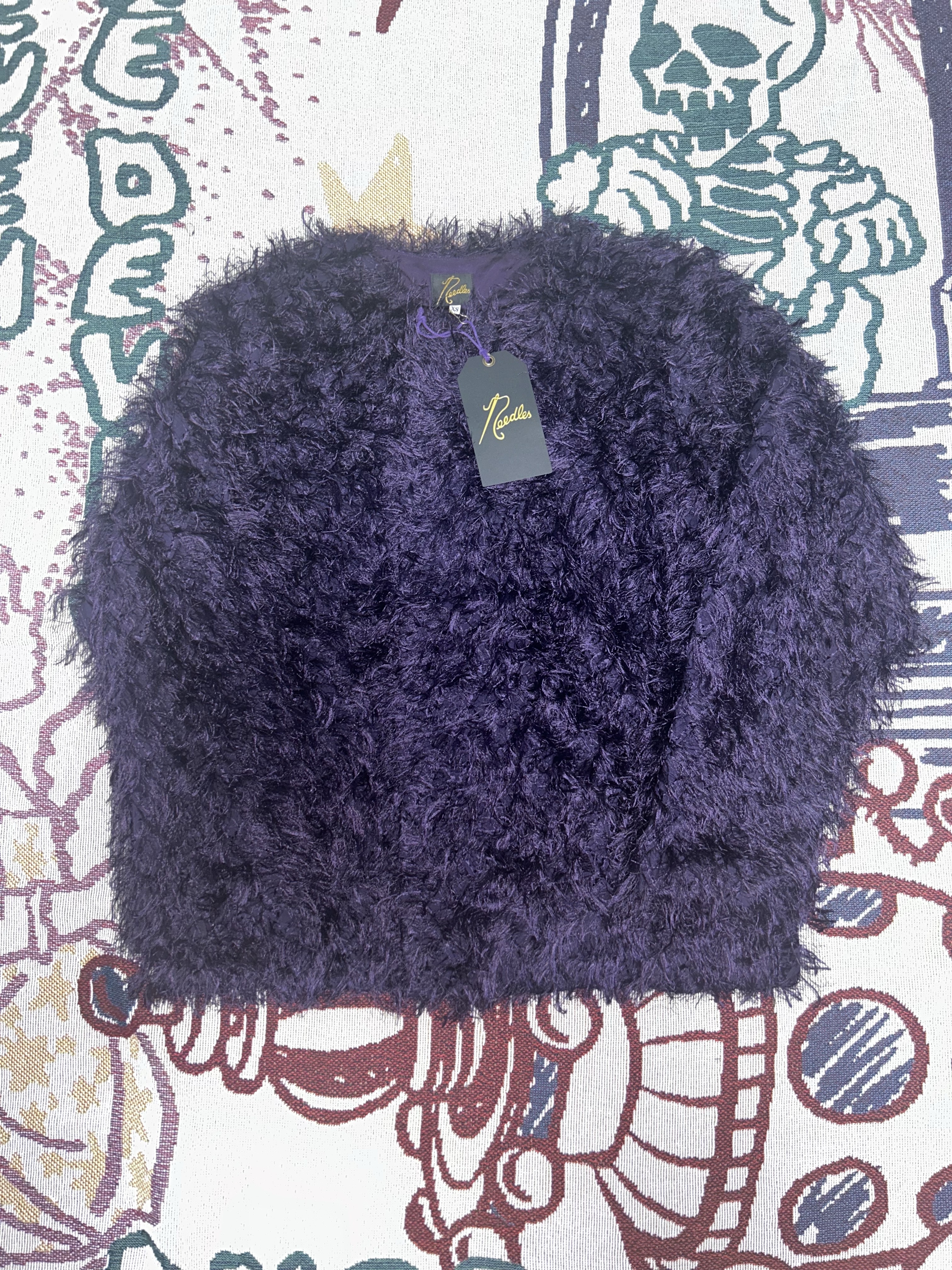 Needles Argyle Fringe Snap Cardigan Purple 착용 스타일 - 2