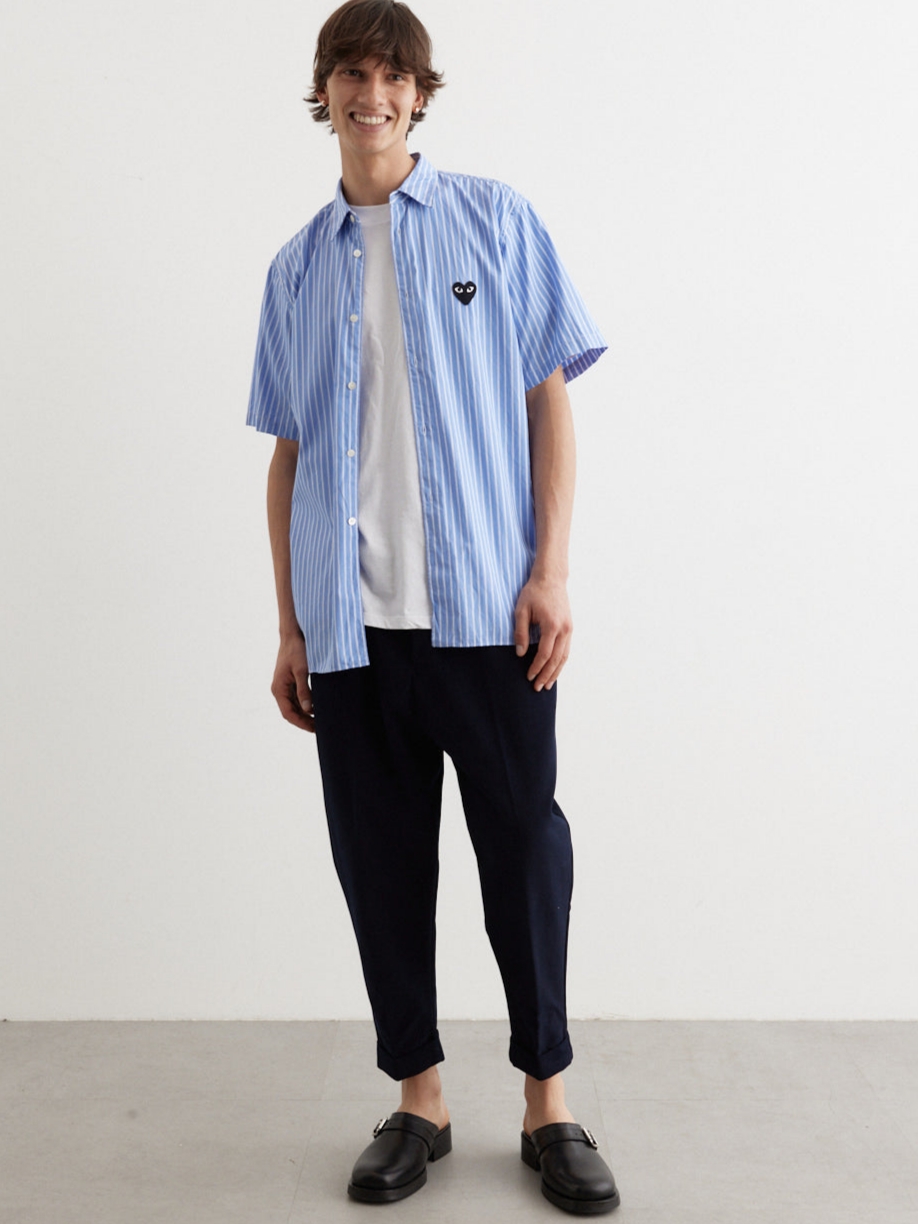 Play Comme des Garcons Striped Short Sleeve Shirt Light Blue 착용 스타일
