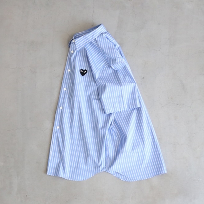 Play Comme des Garcons Striped Short Sleeve Shirt Light Blue 착용 스타일