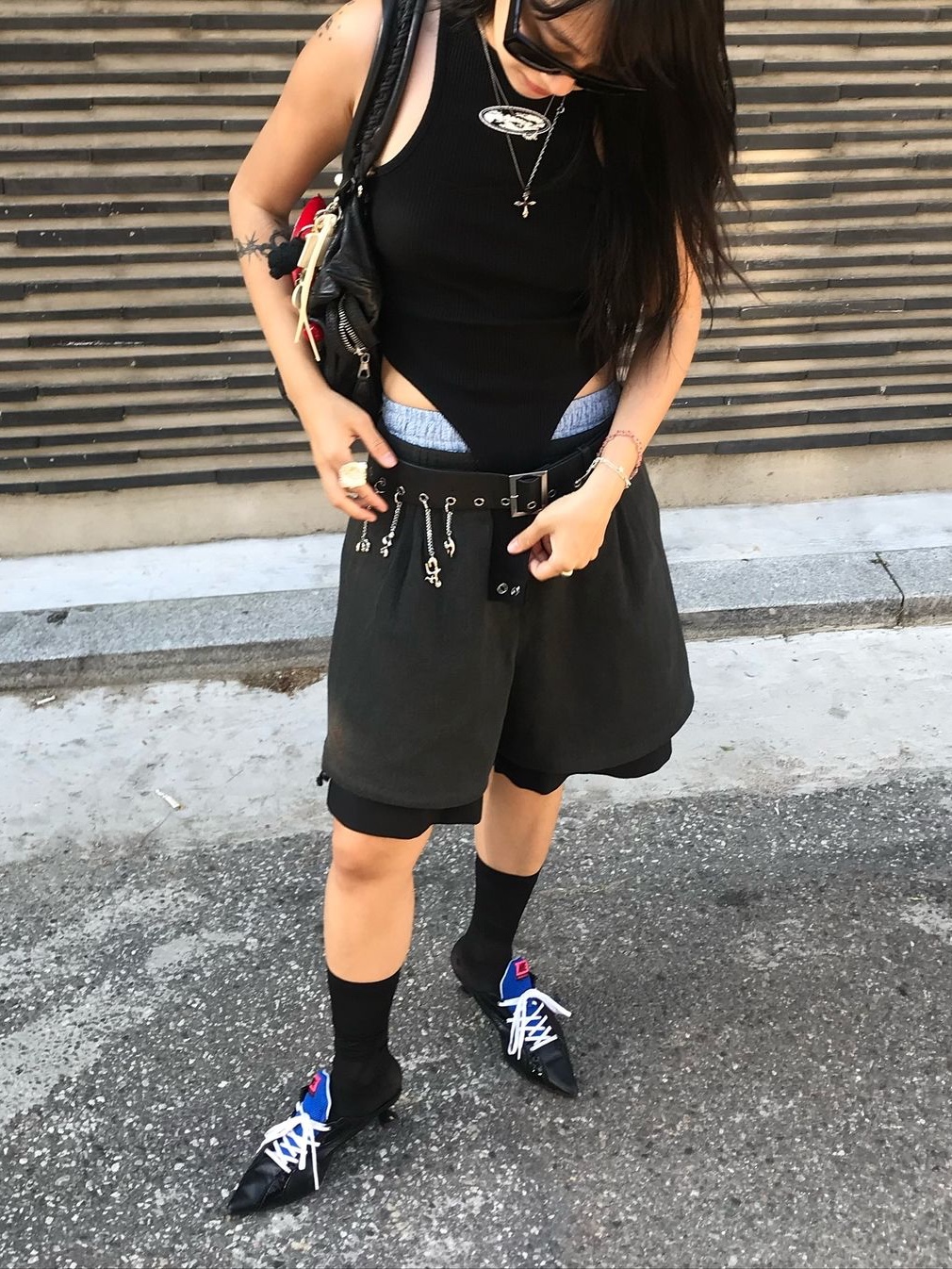 Gyeong Layered Shorts Gray, Gyeong Layered Shorts White 착용 스타일
