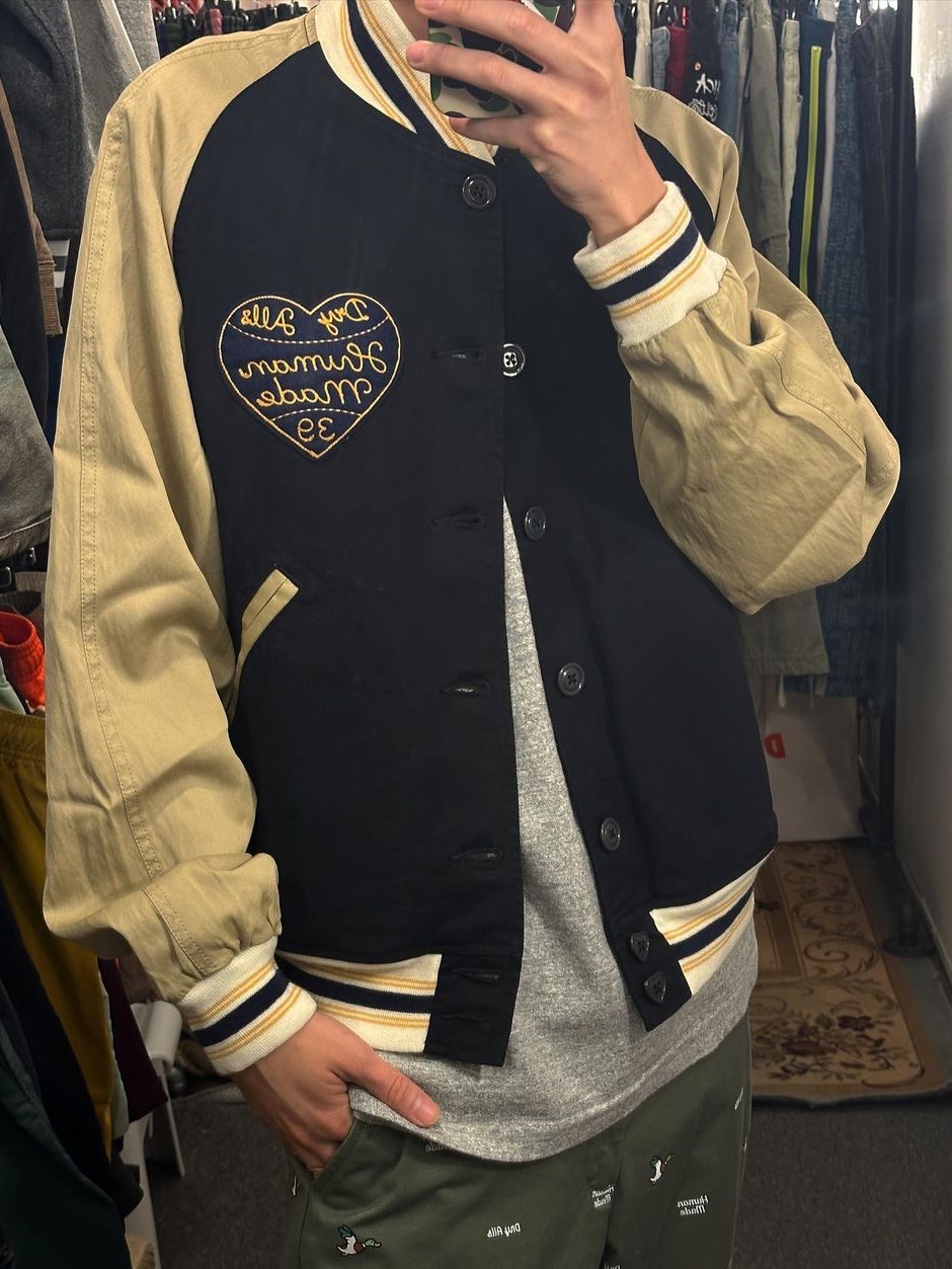 Human Made Baseball Jacket Navy, Human Made 6 Panel Cap #1 Green 착용 스타일 - 2
