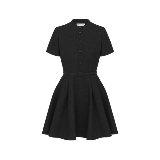 (W) Dior Short Belted Dress Black Virgin Wool Cotton Boucle