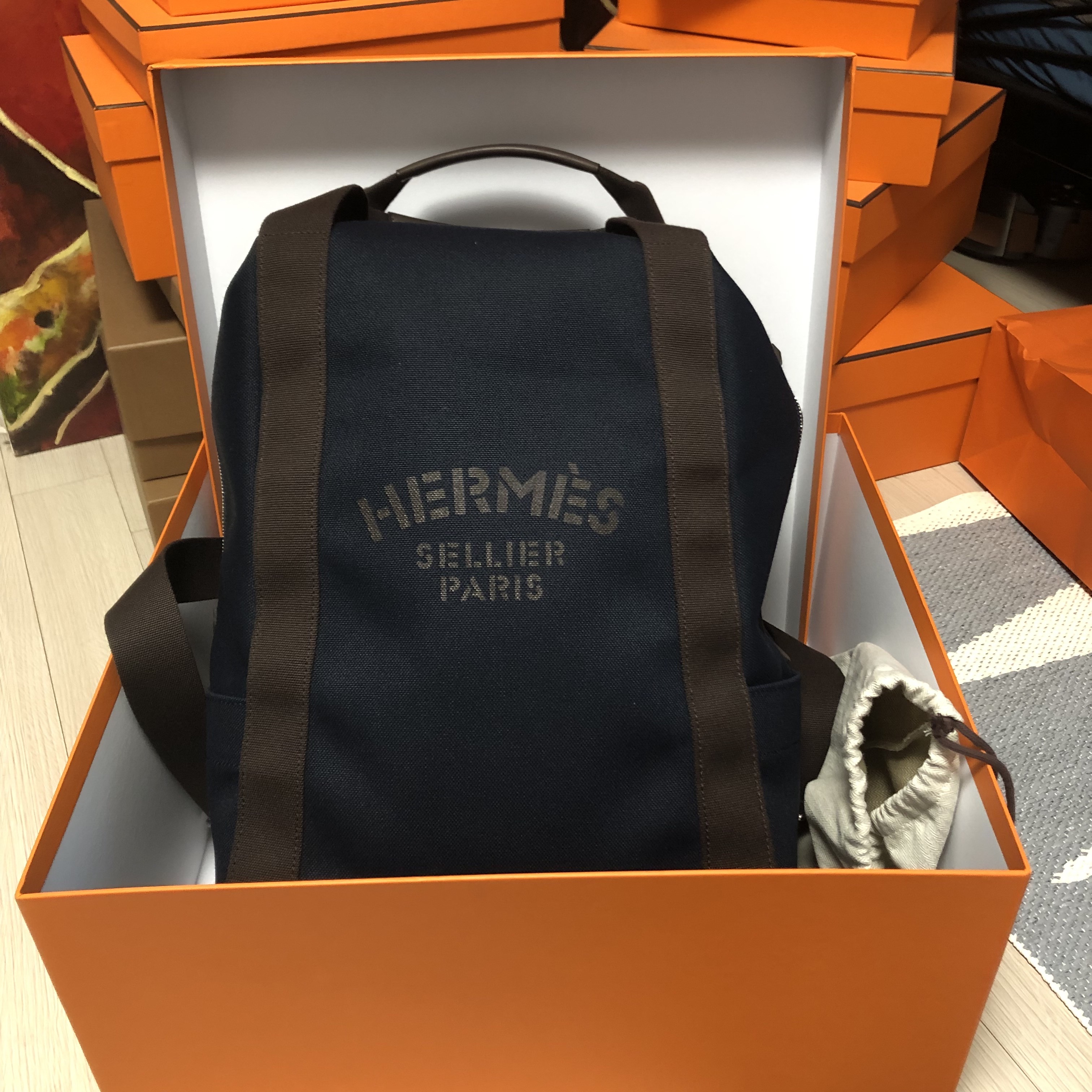 Hermes Groom School Backpack Canvas & Bleu Navy Feu 착용 스타일 - 2