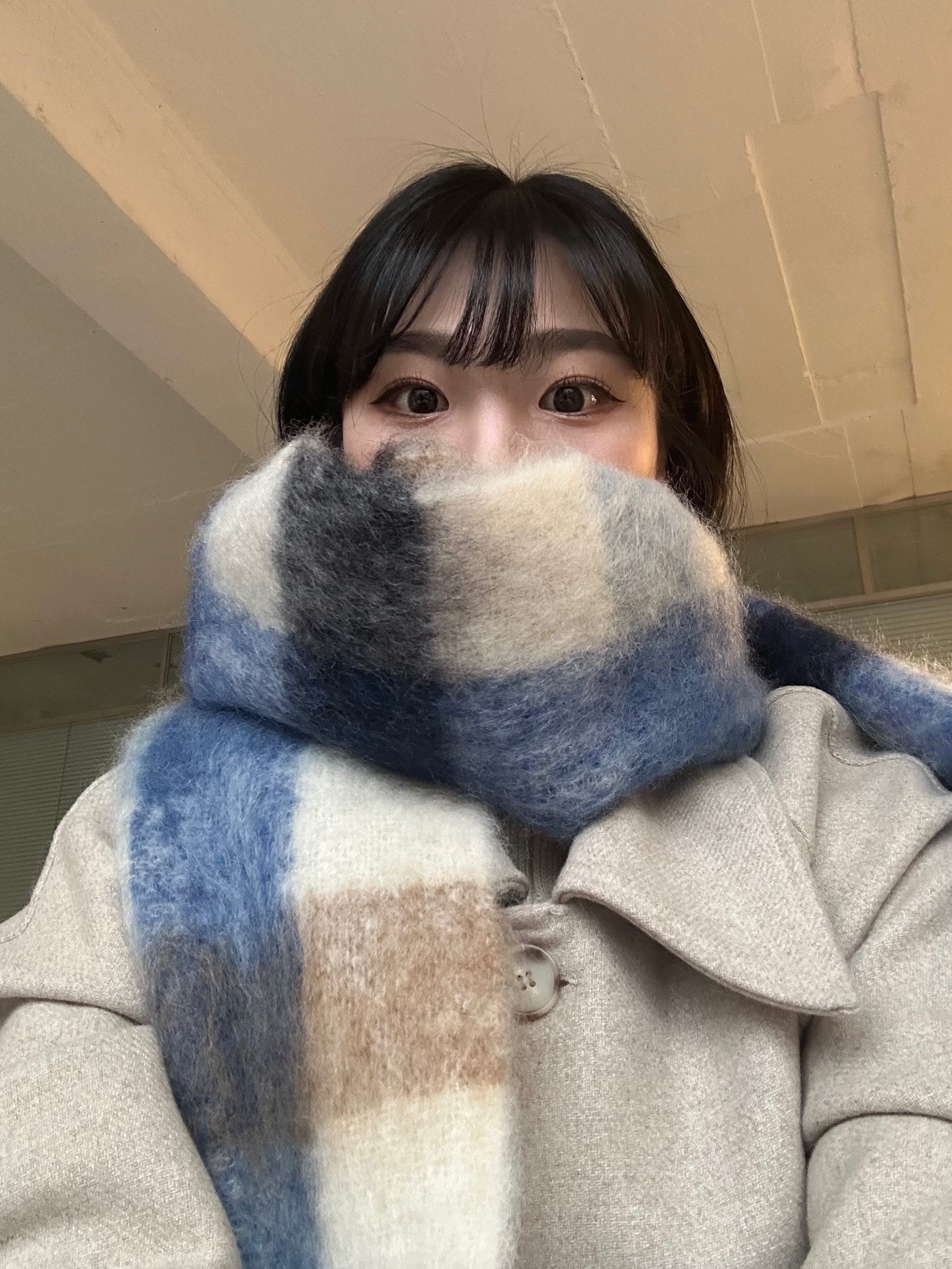 COS Oversized Mohair Blend Muffler Blue Brown Checked 착용 스타일 - 2