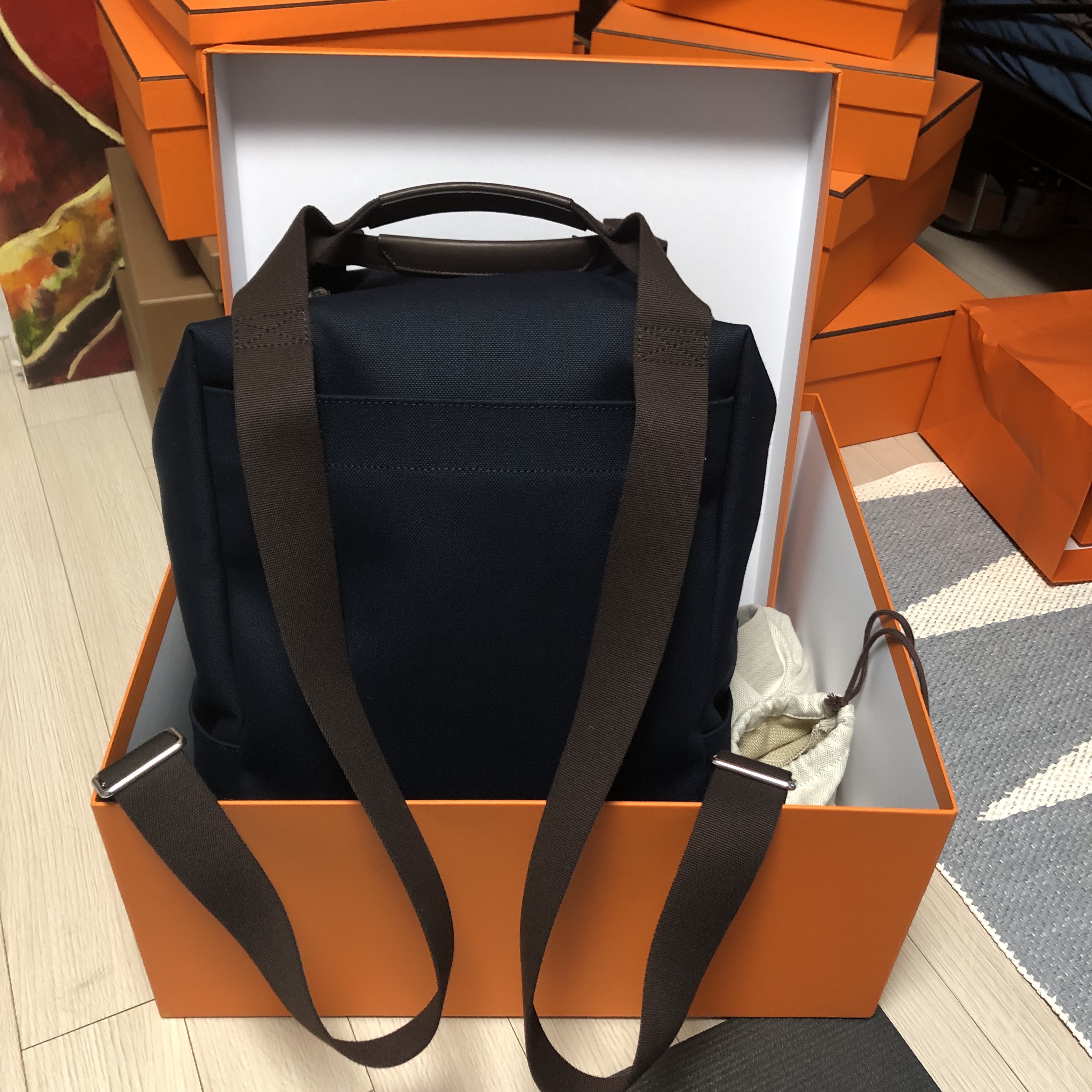 Hermes Groom School Backpack Canvas & Bleu Navy Feu 착용 스타일 - 3
