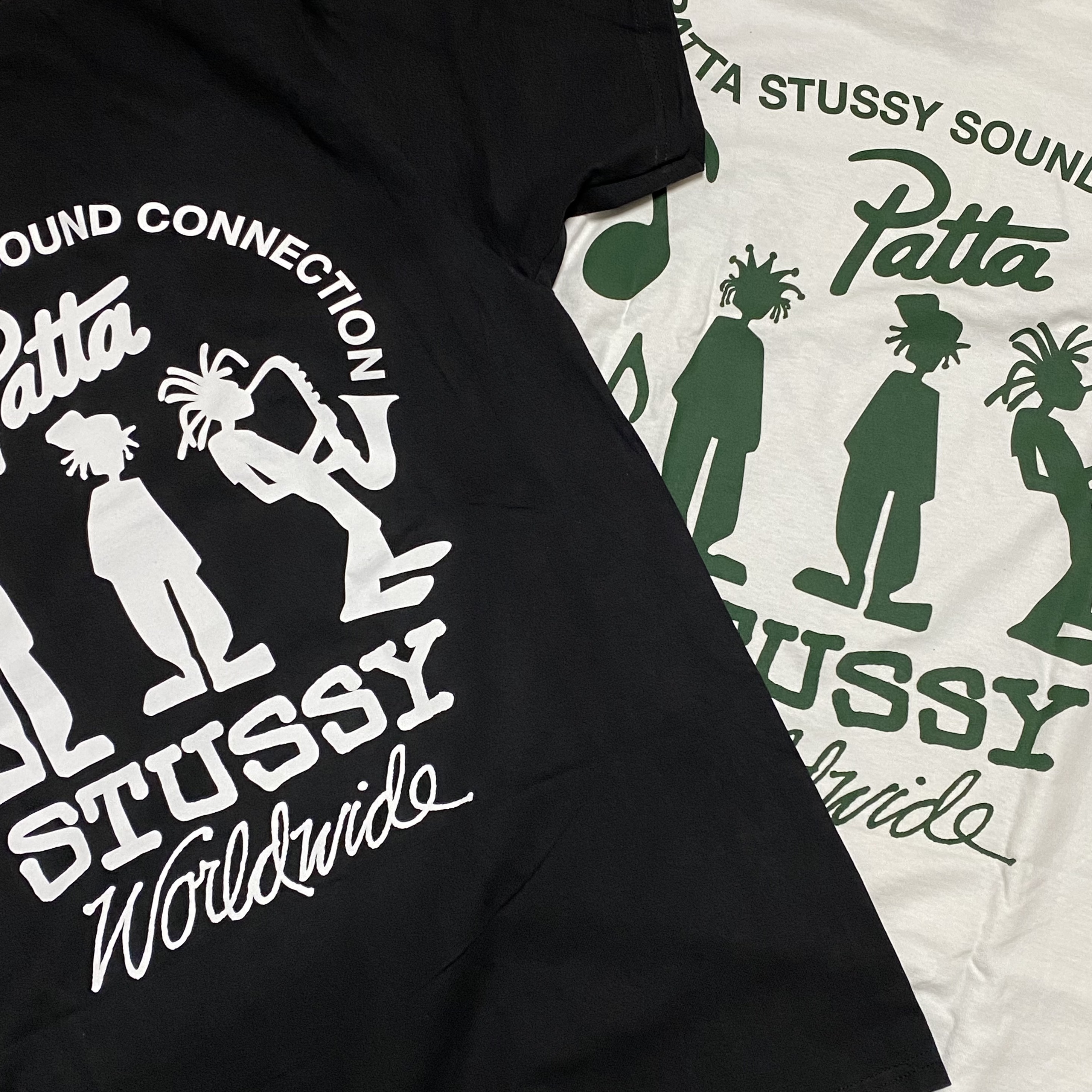 Stussy x Patta Sound Connection T-Shirt White, Stussy x Patta Sound Connection T-Shirt Black 착용 스타일