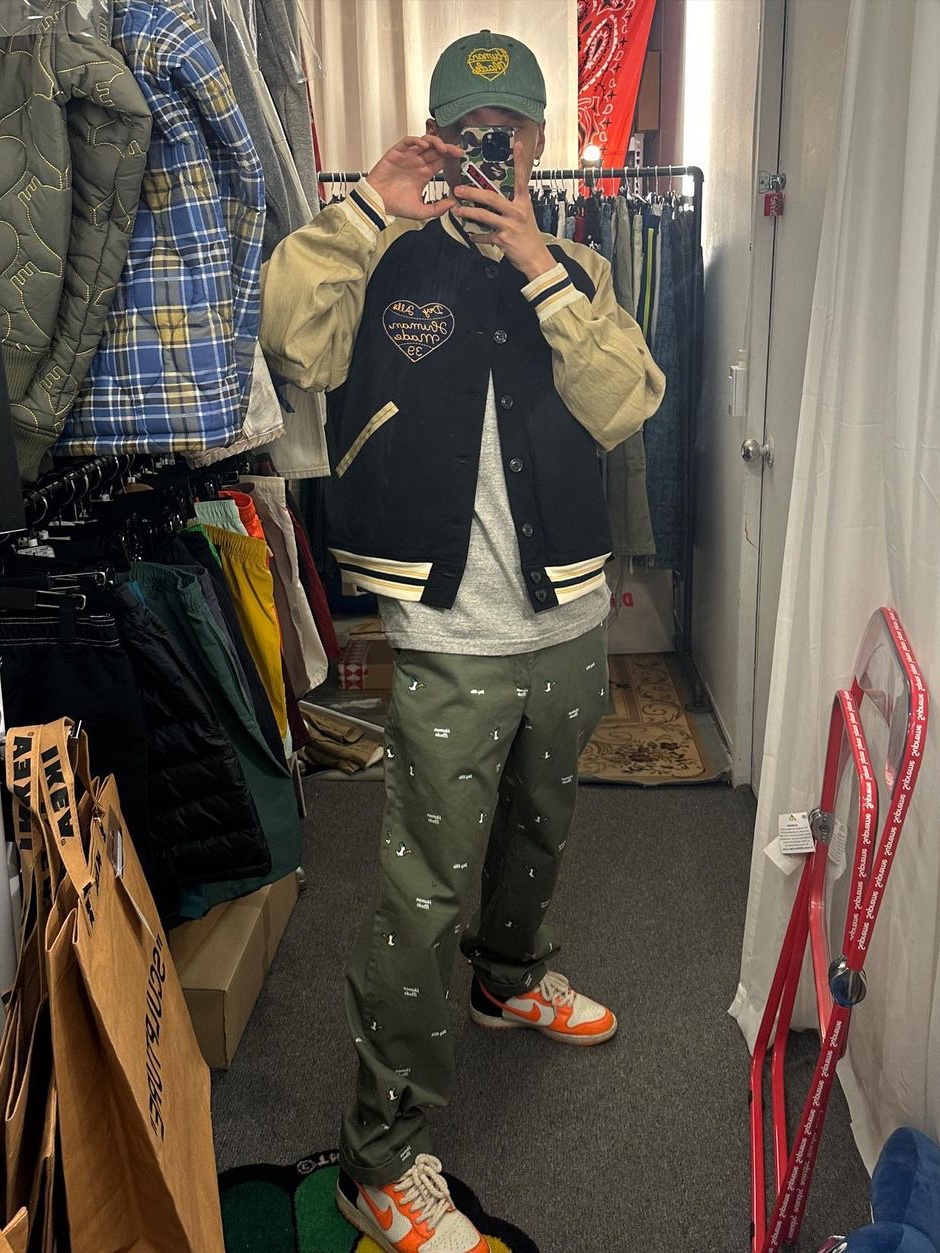 Human Made Baseball Jacket Navy, Human Made 6 Panel Cap #1 Green 착용 스타일 - 1