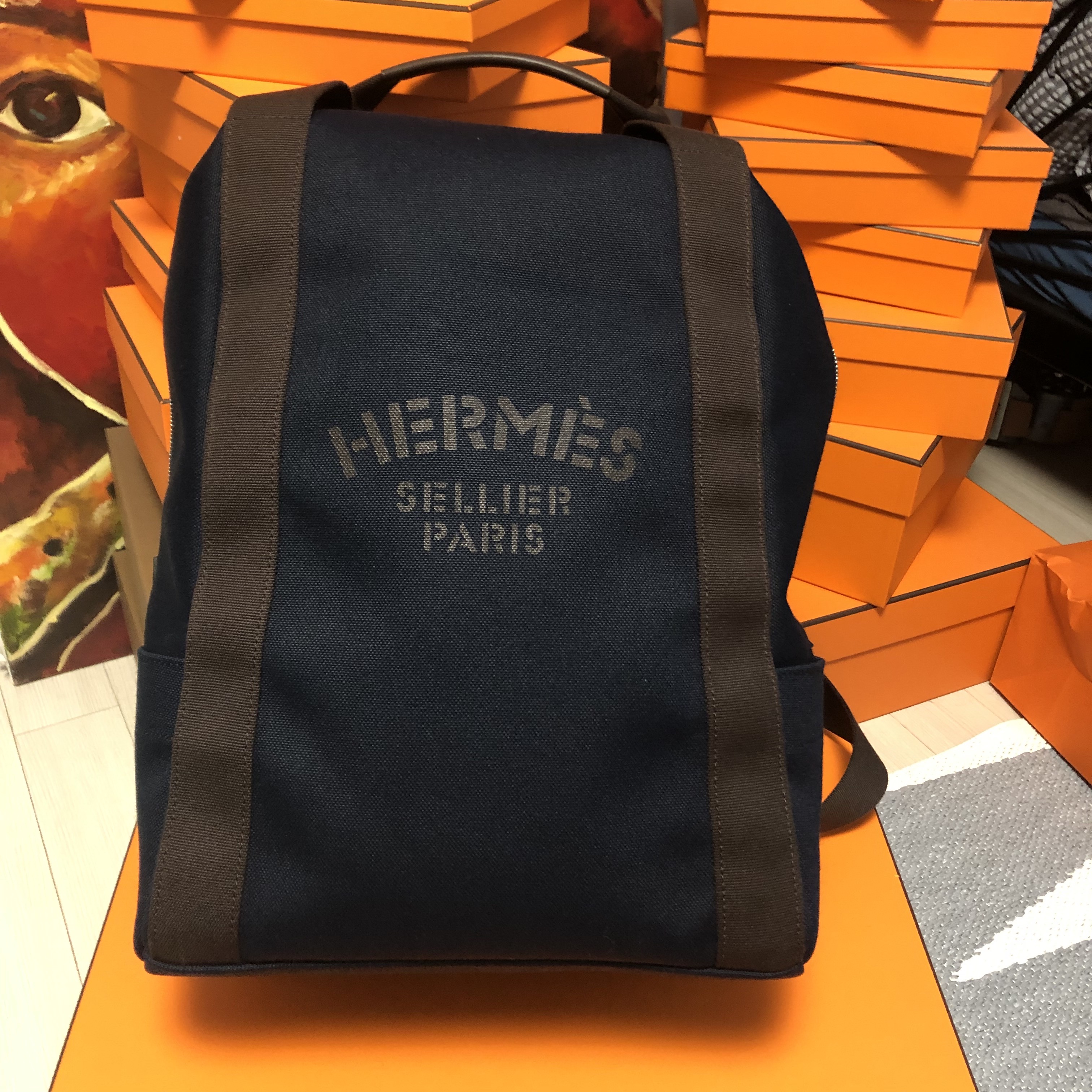 Hermes Groom School Backpack Canvas & Bleu Navy Feu 착용 스타일 - 4