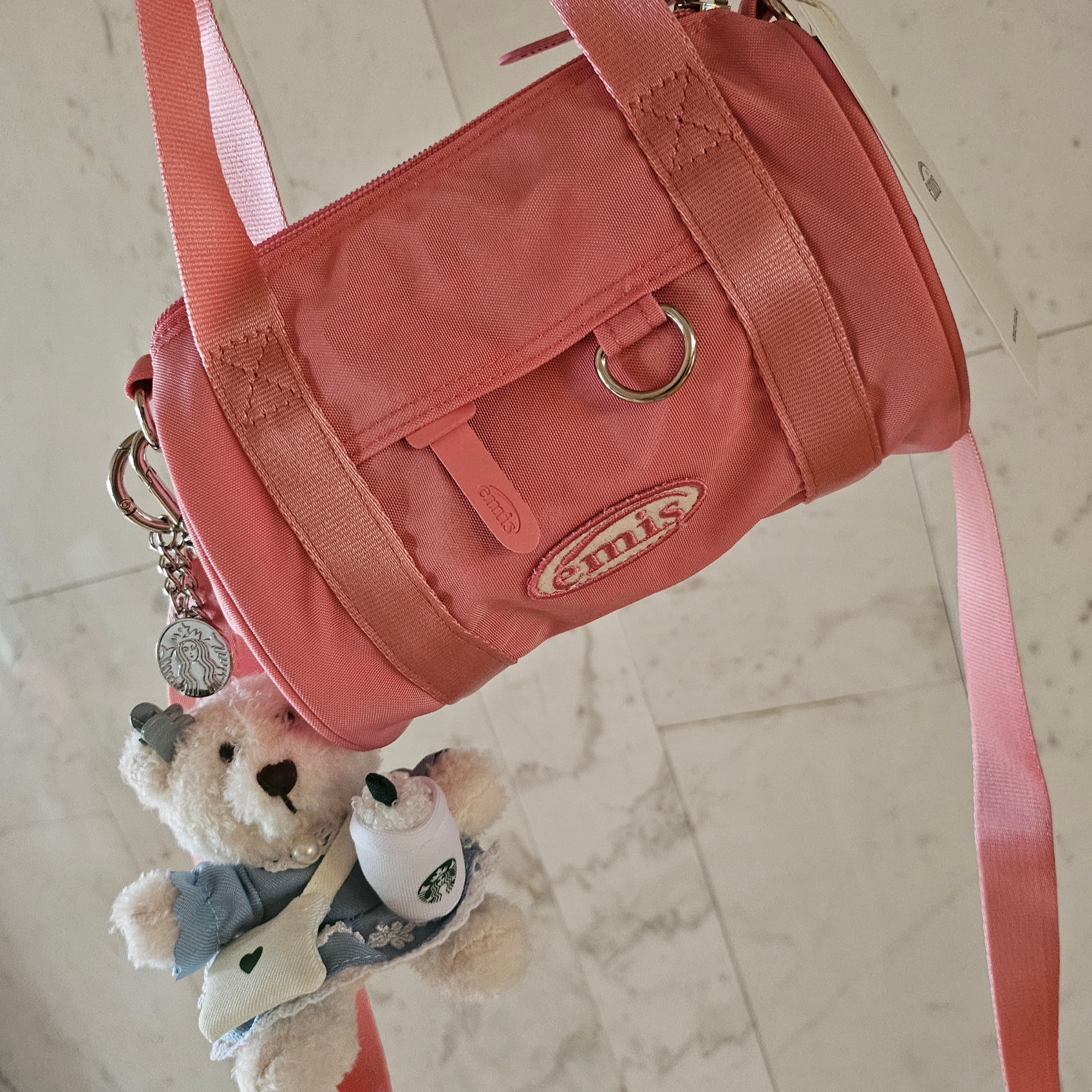 Emis Mini Crossed Body Circular Bag Pink, Starbucks French Summer Bearista Keychain 착용 스타일