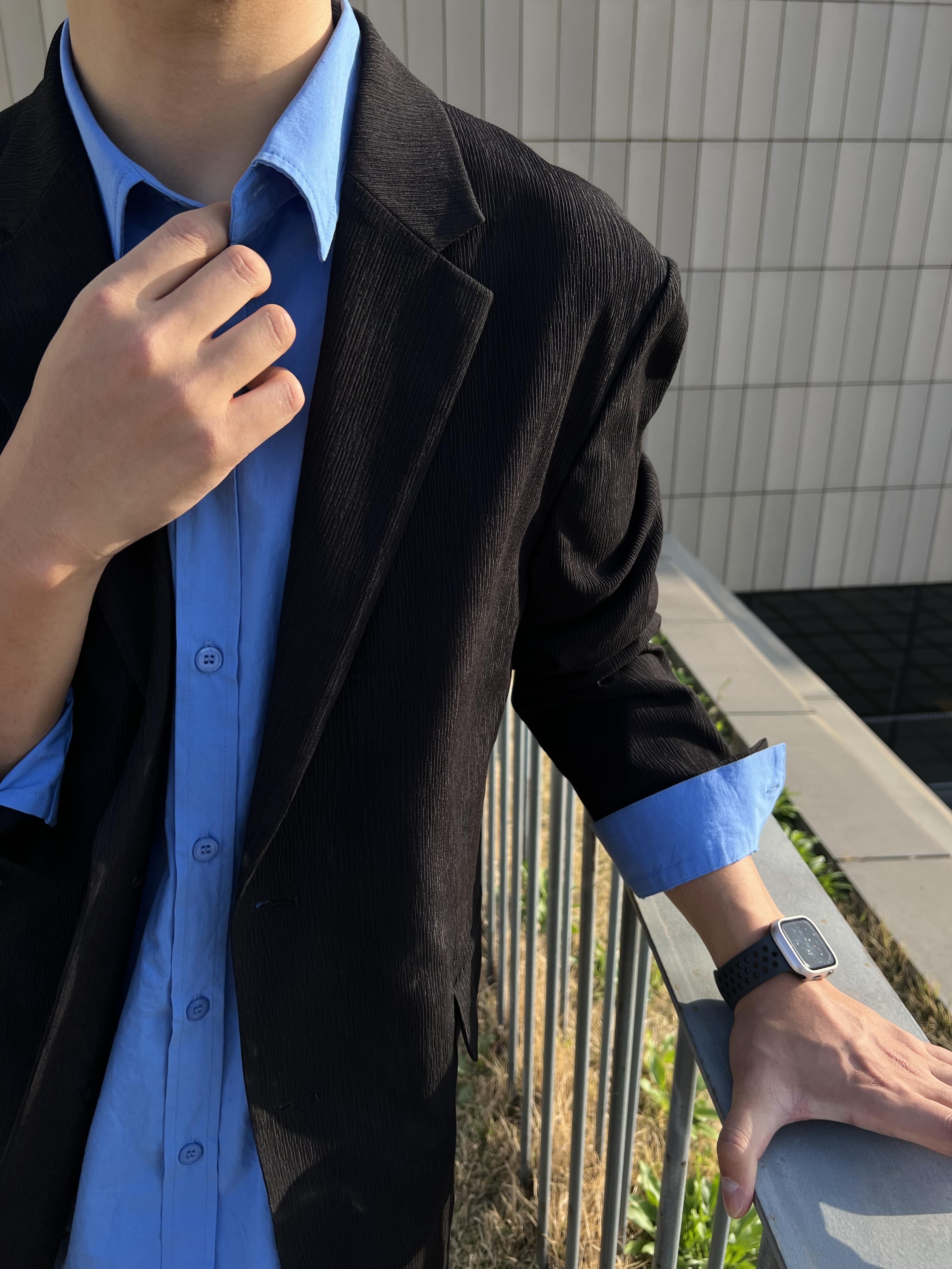 TNGT Kinoshita Seersucker Unconstructed Set-up Jacket Black 착용 스타일 - 3