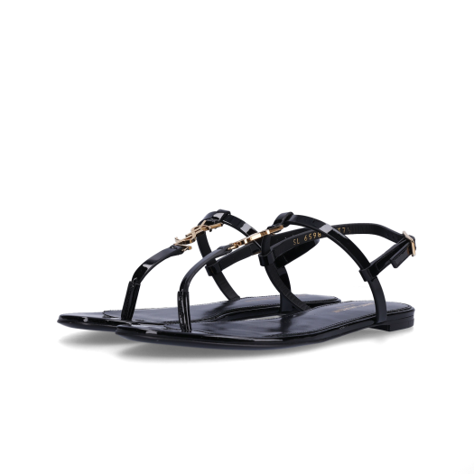 (W) Saint Laurent Cassandra Flat Sandals in Patent Leather with Gold Monogram Black