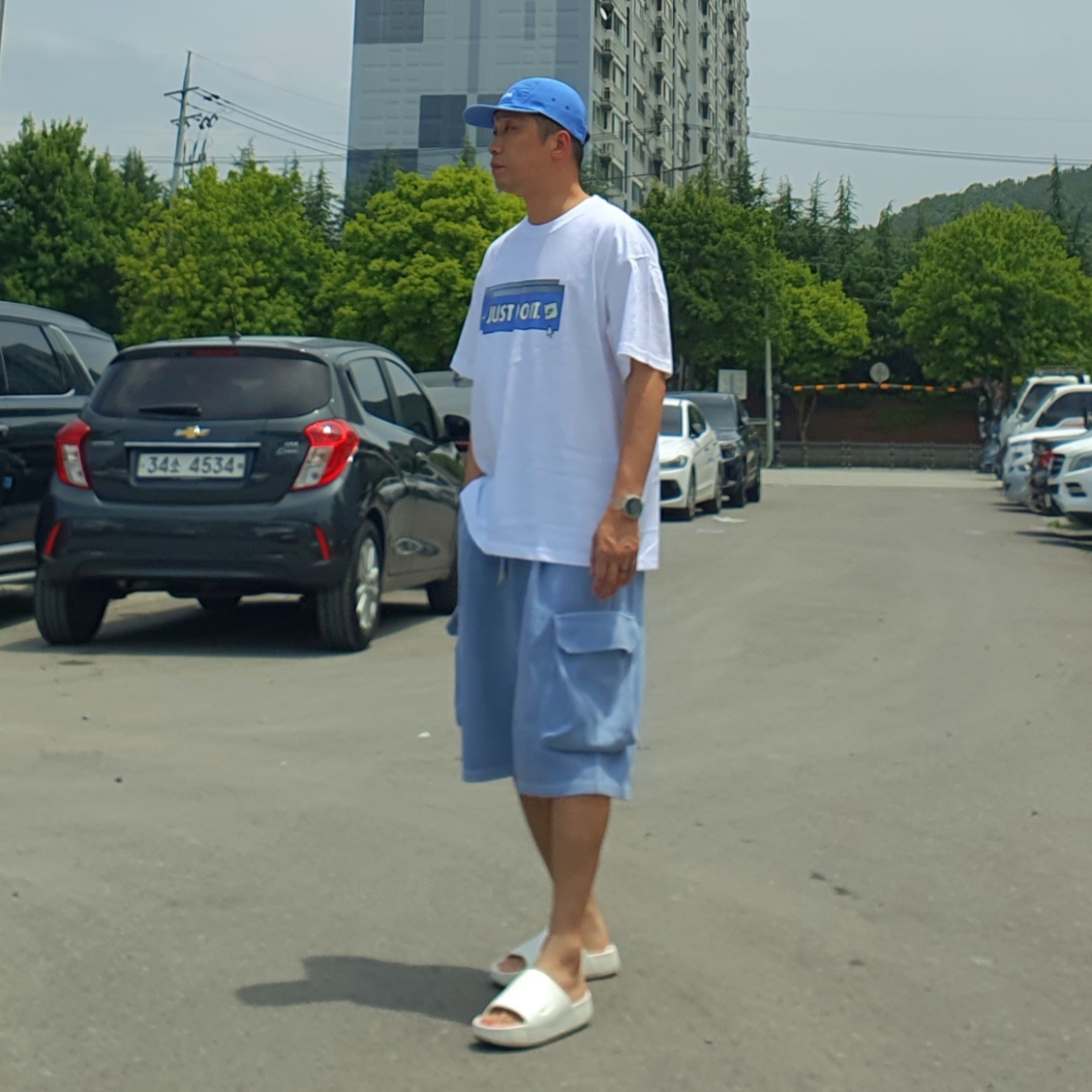 Nike Calm Slide Sail, Supreme Washed Chino Twill Camp Cap Light Royal - 24SS 착용 스타일 - 3