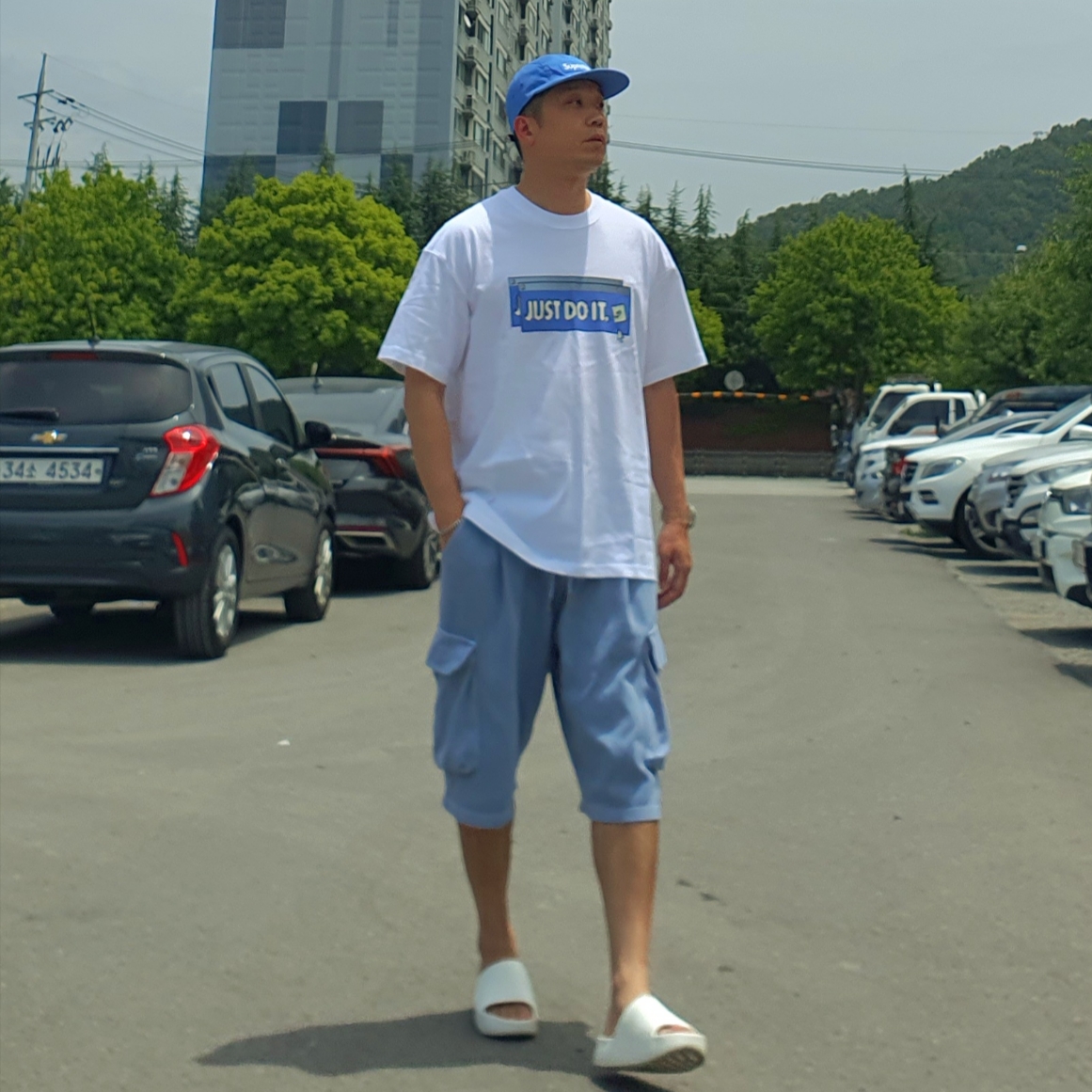 Nike Calm Slide Sail, Supreme Washed Chino Twill Camp Cap Light Royal - 24SS 착용 스타일 - 2