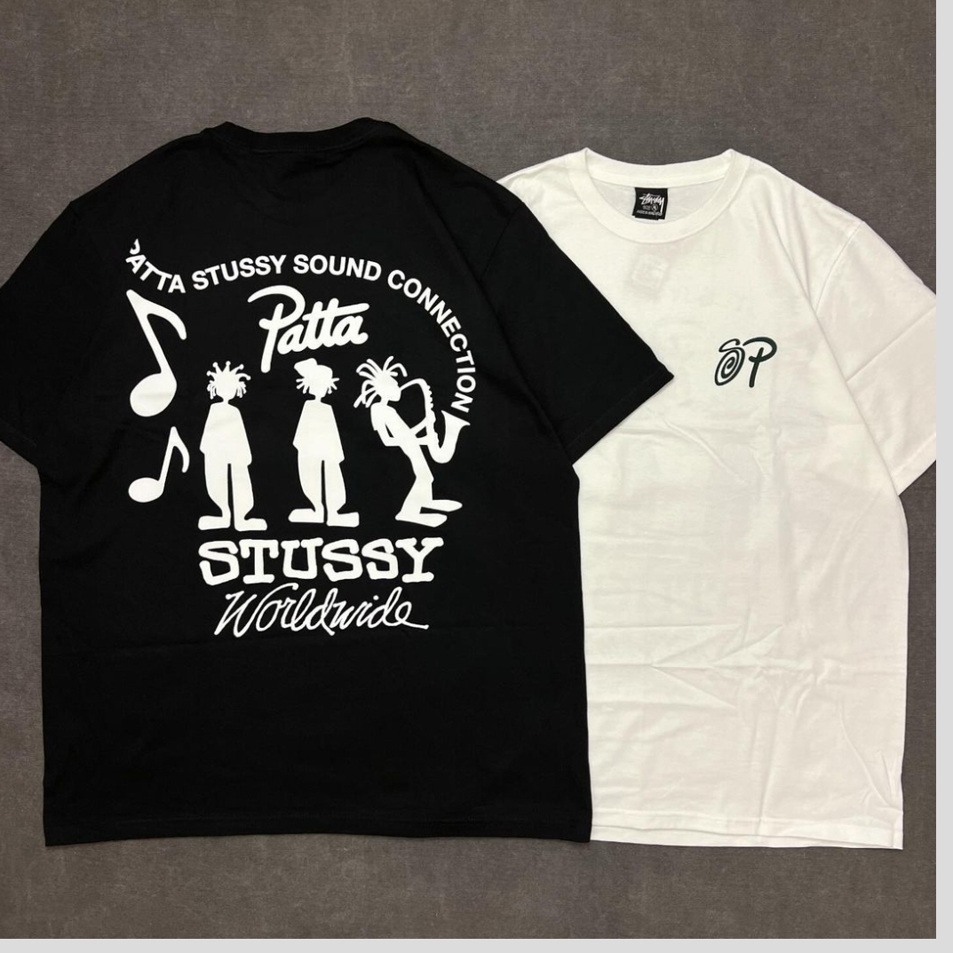 Stussy x Patta Sound Connection T-Shirt White, Stussy x Patta Sound Connection T-Shirt Black 착용 스타일 - 4