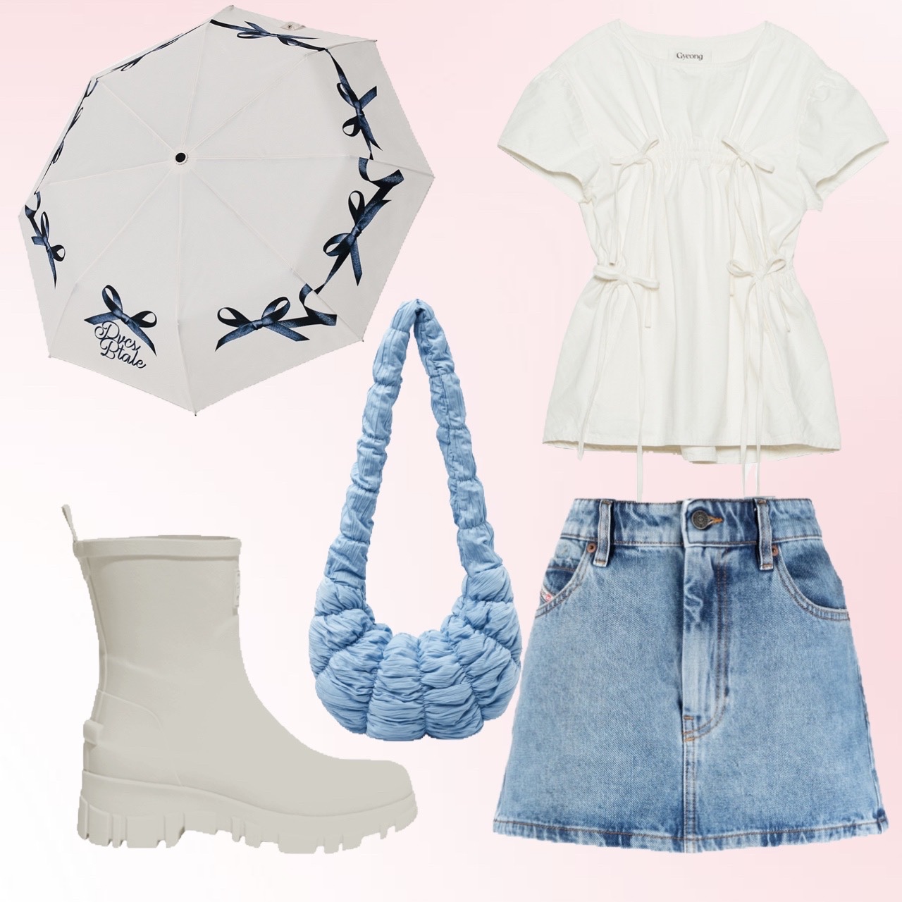 [KREAM 단독] PVCS x Bloomingtale Ribbon Point Umbrella, (W) Rockfishweatherwear Flatform Middle Rain Boots Cream 착용 스타일 - 1