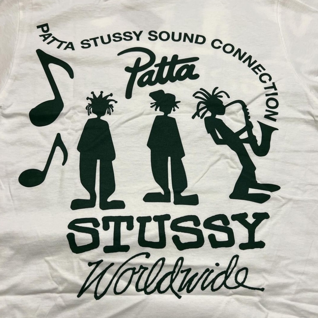 Stussy x Patta Sound Connection T-Shirt White, Stussy x Patta Sound Connection T-Shirt Black 착용 스타일 - 2