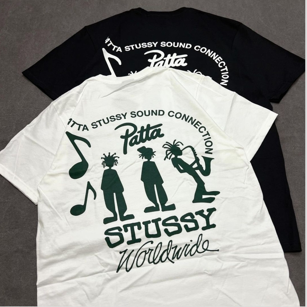 Stussy x Patta Sound Connection T-Shirt White, Stussy x Patta Sound Connection T-Shirt Black 착용 스타일 - 1