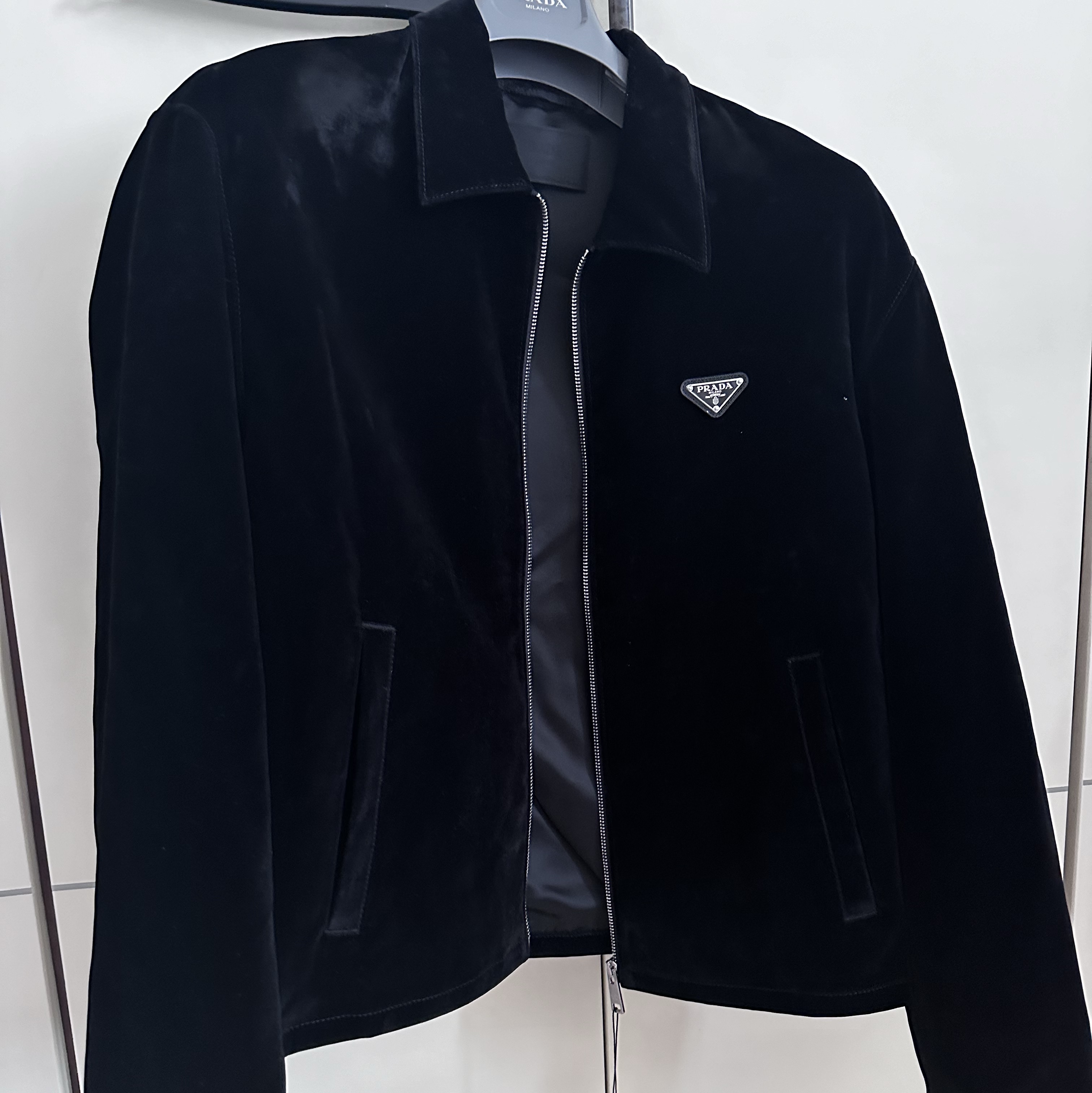 Prada Velvet Denim Blouson Jacket Black 착용 스타일