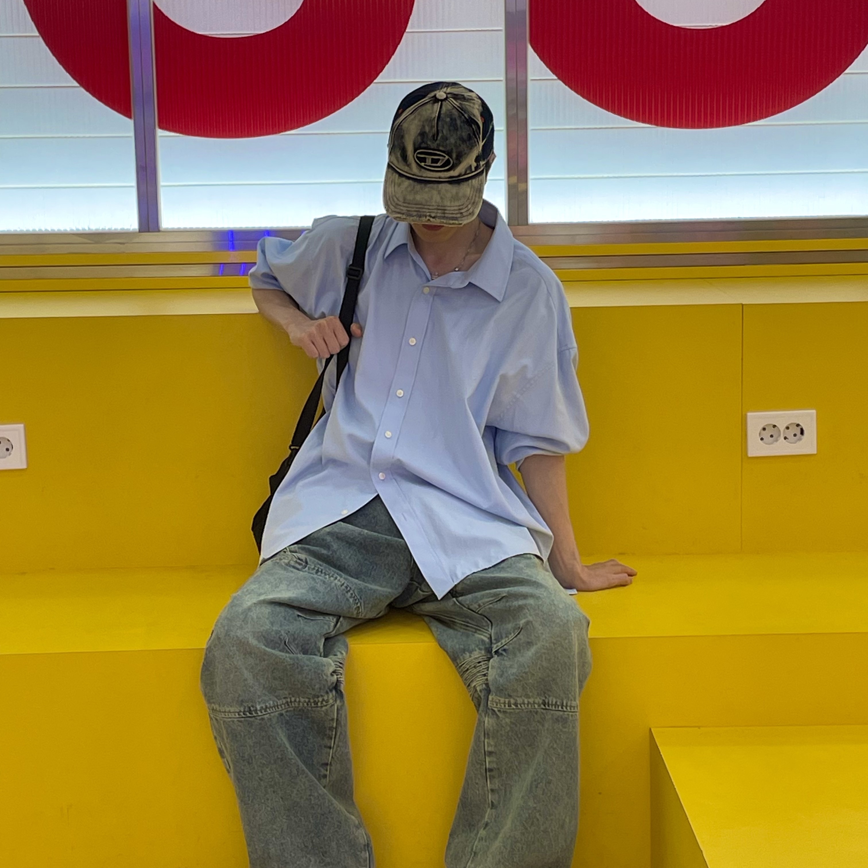 Diesel C-Seymon Treated Denim Baseball Cap Blue White, Sentiments No.359 Necklace Silver 착용 스타일