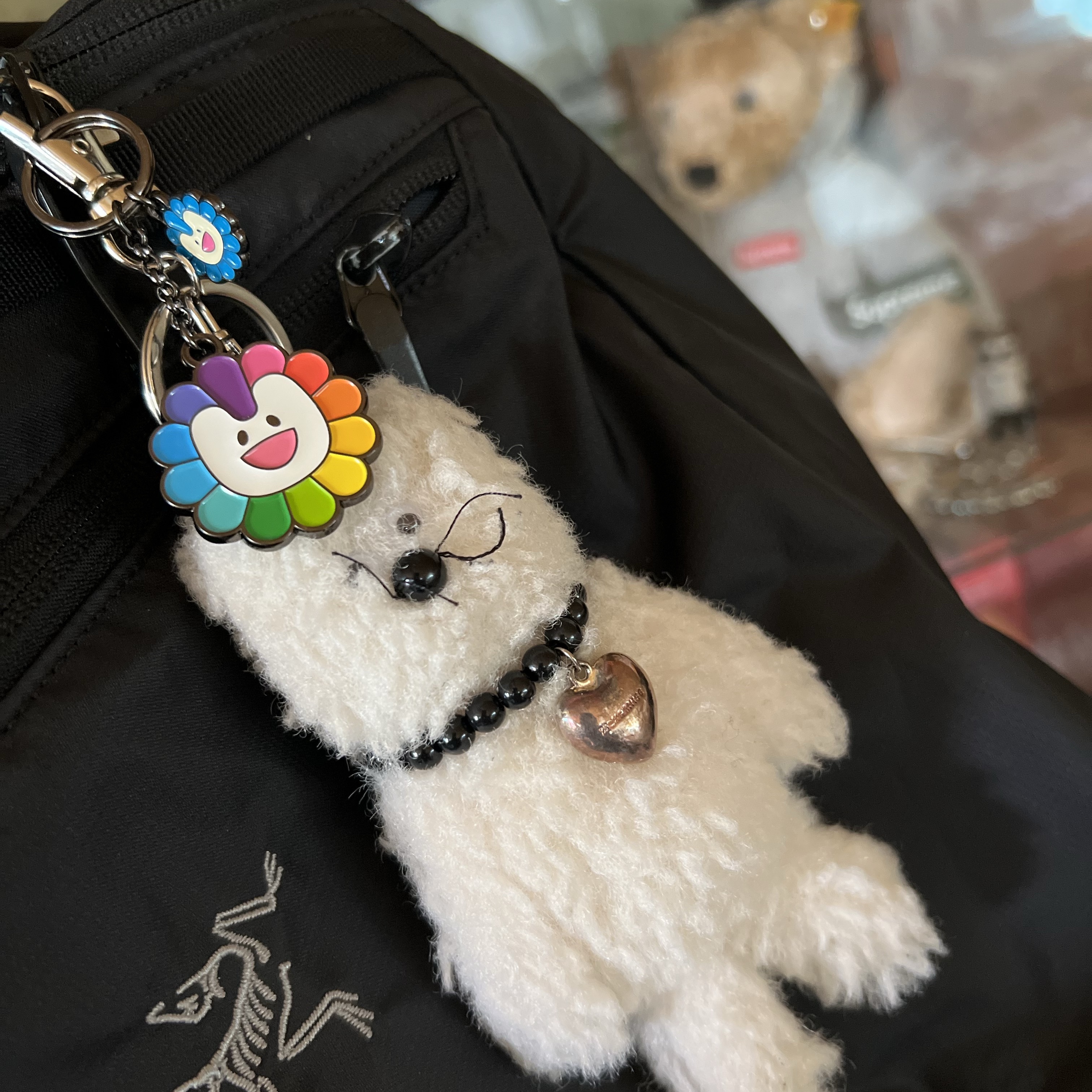 NewJeans x Murakami Metal Keyring Flower, Arc'teryx Heliad 15 Backpack Black 착용 스타일
