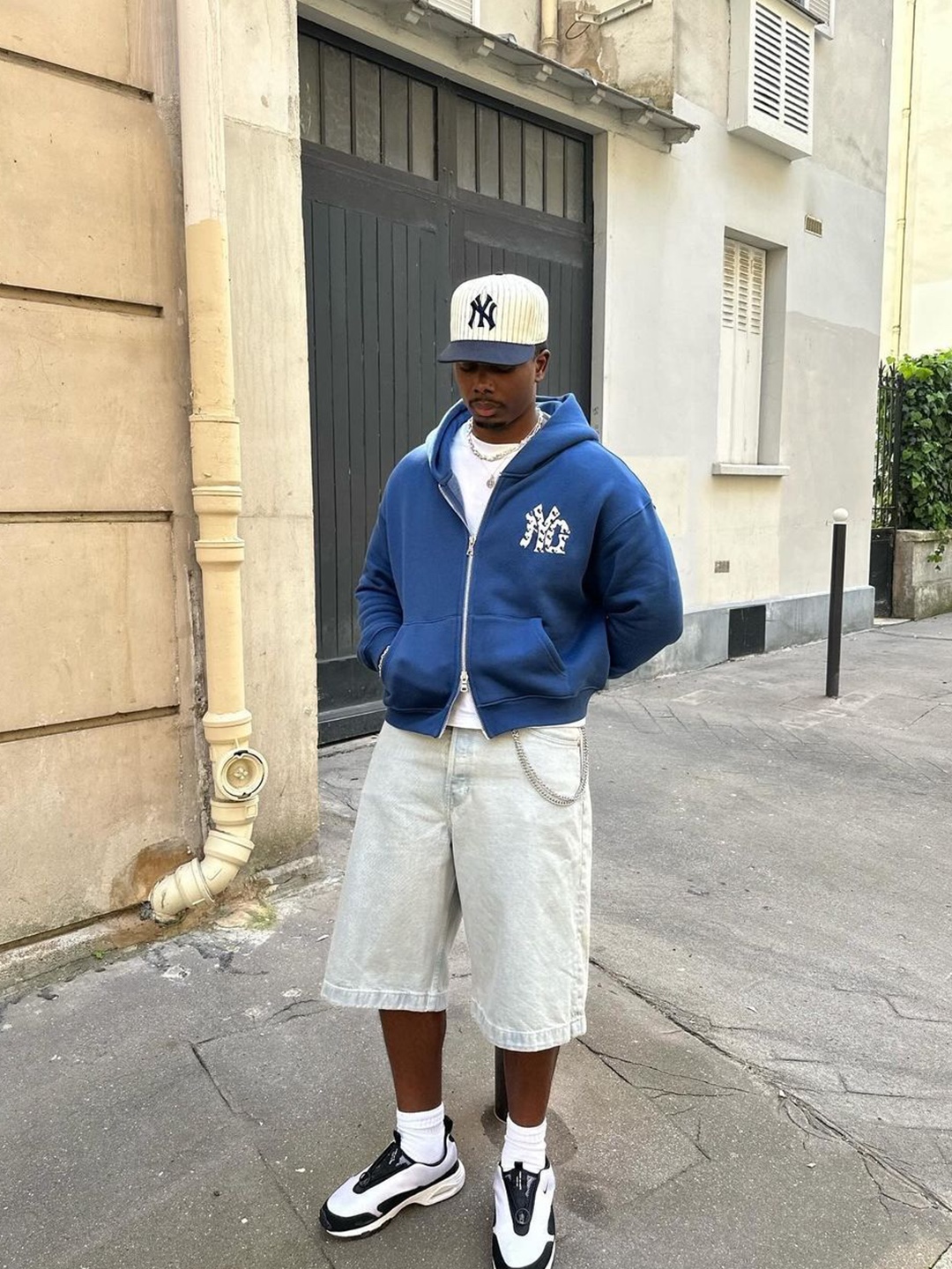 Nos Couleurs x Koin Rivet Carpenter Shorts White, Supreme x Champion Mesh Short Navy - 24SS 착용 스타일 - 5
