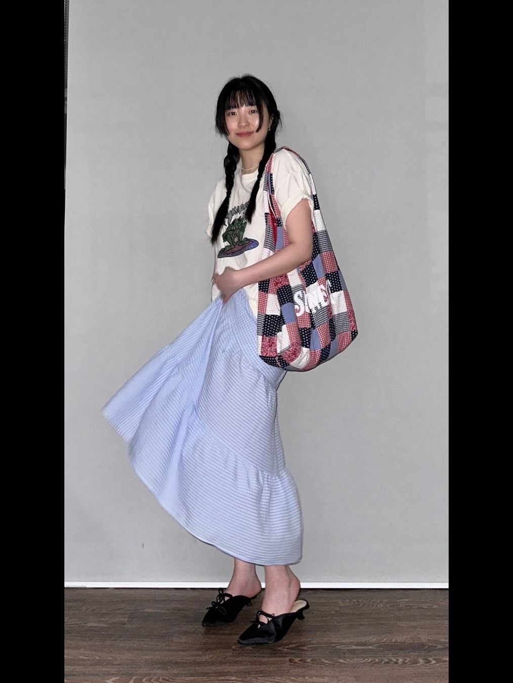 SUNNECT Madras Shopper Bag Red 착용 스타일