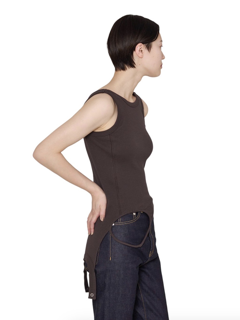 Beautiful People Women Double-End Sheer Rib Jersey Tank Top Charcoal 착용 스타일 - 1