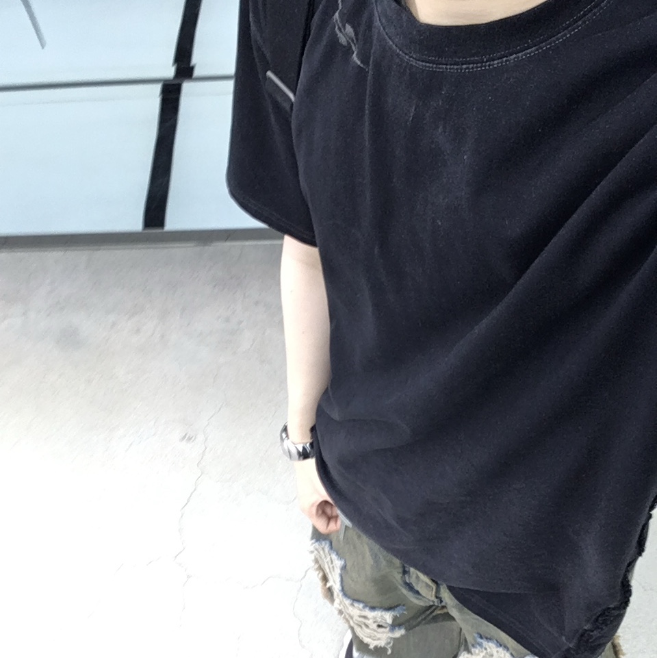 BLR Destroyed Gradation Bleached Short Sleeve T-Shirt Black, BLR Destroyed Vintage Double Denim Pants Navy 착용 스타일 - 3