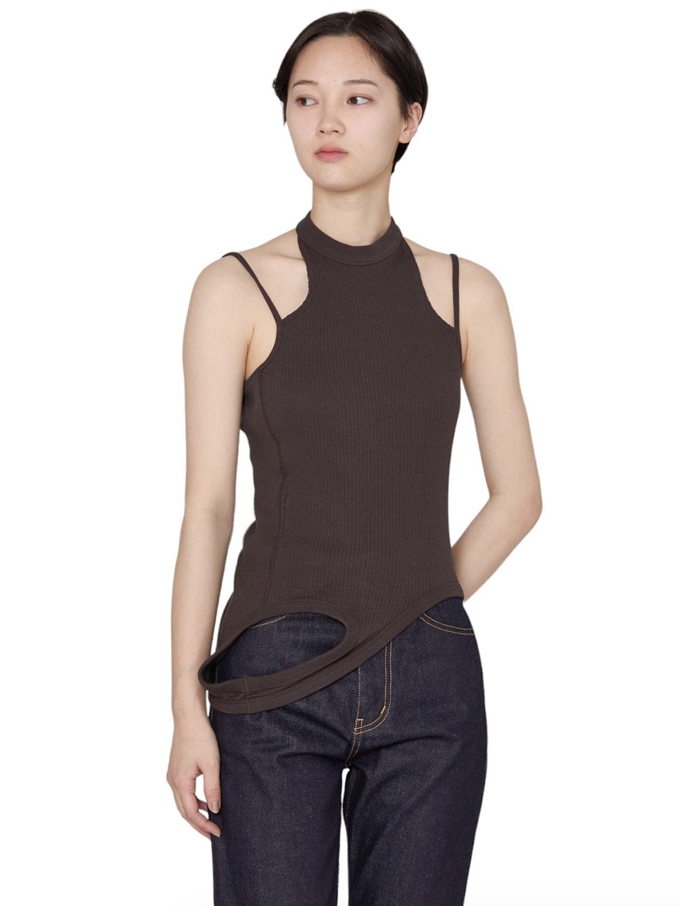 Beautiful People Women Double-End Sheer Rib Jersey Tank Top Charcoal 착용 스타일 - 2