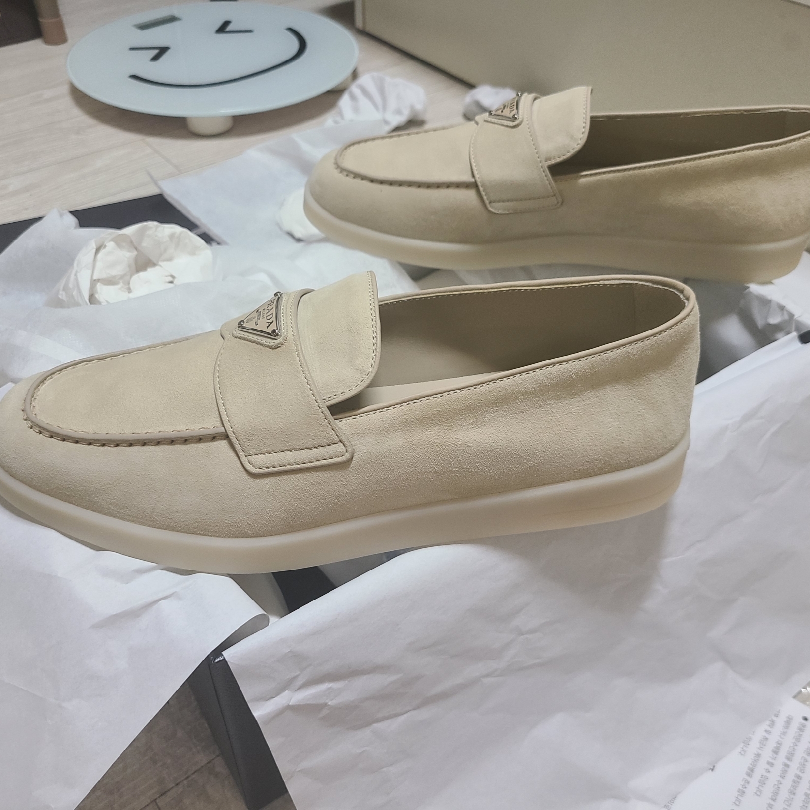 Prada Suede Loafers Desert Beige 착용 스타일